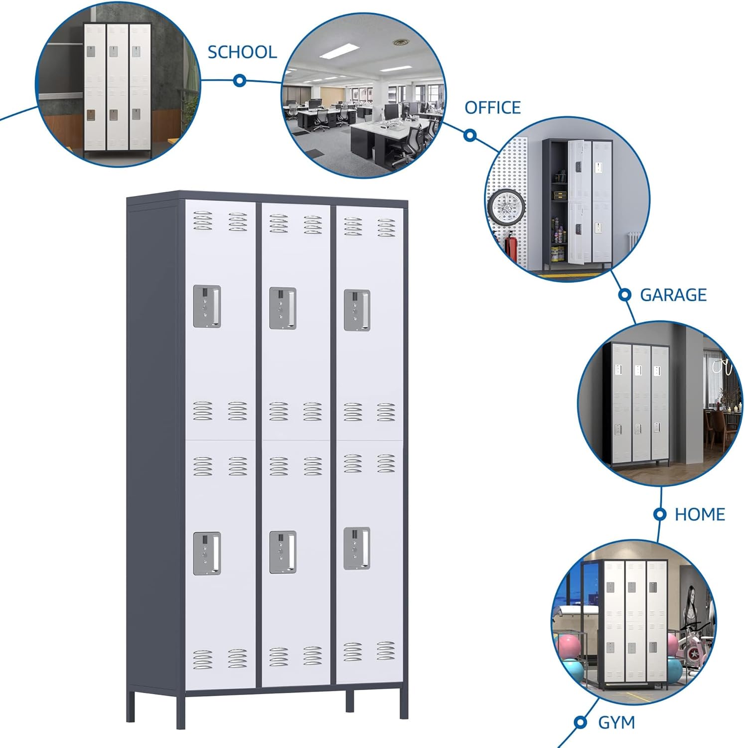 6 Doors Metal Storage Lockers for Employees, Industrial Steel Locker with 18 Hooks for Gym,School,Garage,Office,Bedroom,Assembly Require,Light Gray&White