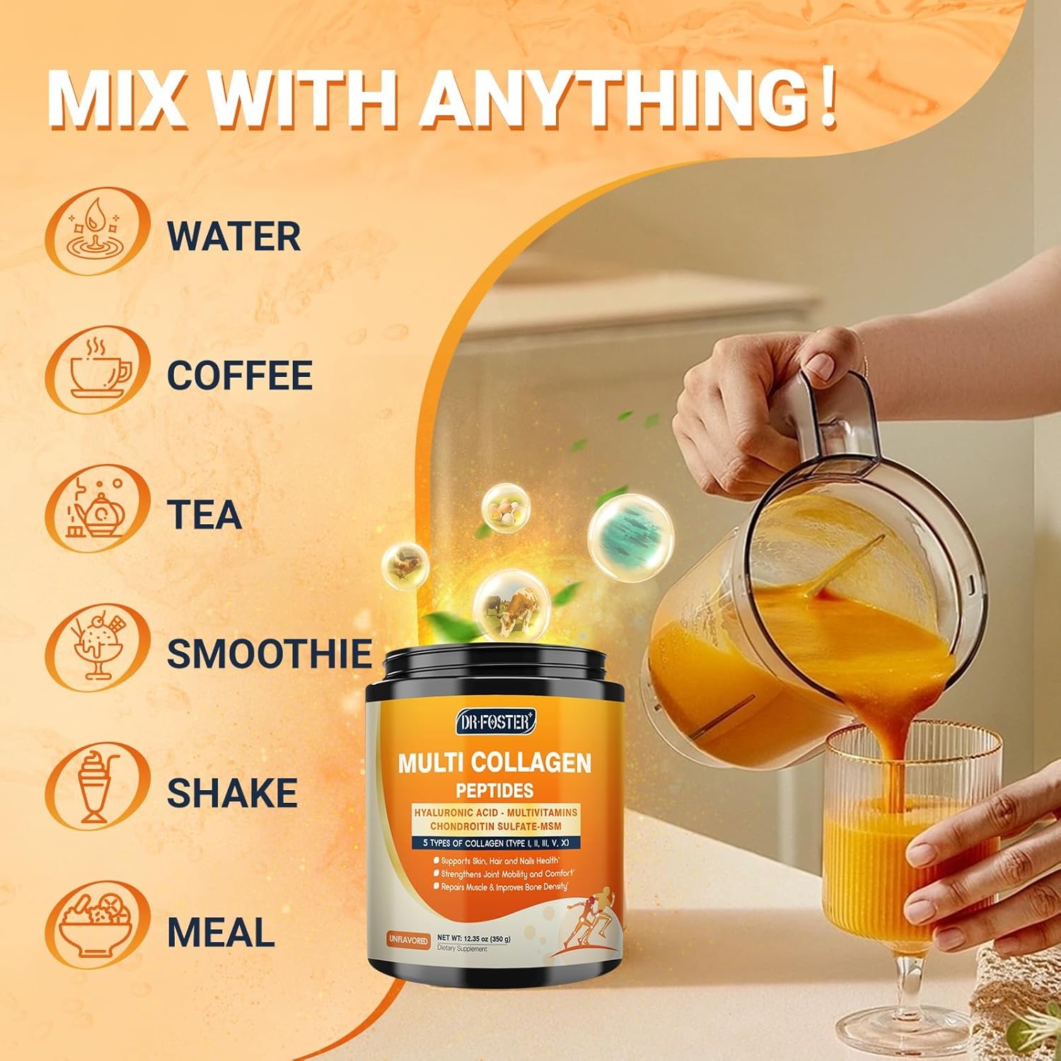 DRFOSTER Multi Collagen Peptides Powder for Women Men with MSM + CS & D3 - Type I, II, III, V, X Hydrolyzed Collagen with Vitamin C & Hyaluronic Acid for Skin Hair Nails & Joint, Non-GMO, 35 Servings - Image 7