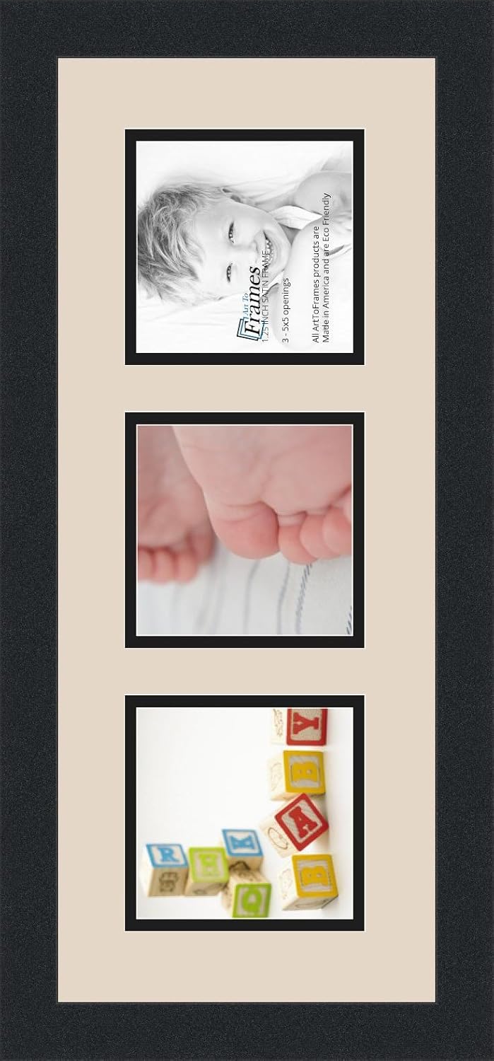 ArtToFrames Collage Photo Frame Double Mat with 3 - 5x5 Openings and Satin Black Frame