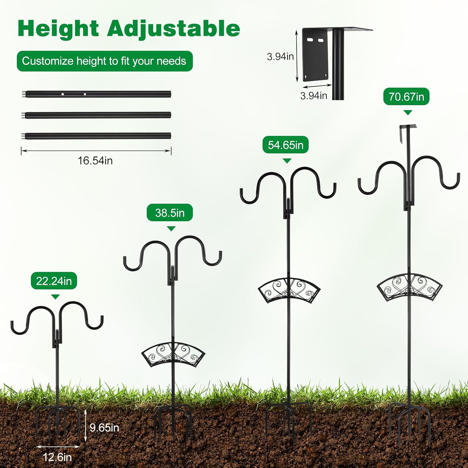 Upgraded Garden Hose Holder, Freestanding Water Hose Holder, Double Shepherds Hooks for Outdoor, Adjustable Hose Stand with 5 Spikes Heavy Duty Metal Bird Feeder Pole for Outside Yard Lawn