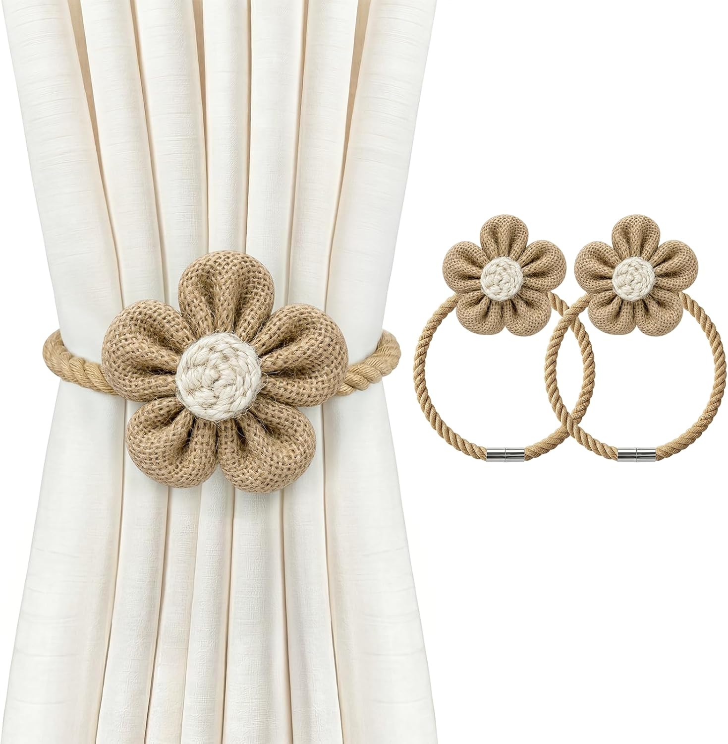 VIS'V Magnetic Curtain Tiebacks, Boho Curtain Holdbacks, Cream, 2 Pcs | Linen Cotton Material, Rustic Flower Design, for Livingroom, Bedroom, Nursery, Kitchen, Bathroom, Patio, Balcony, Gazebo