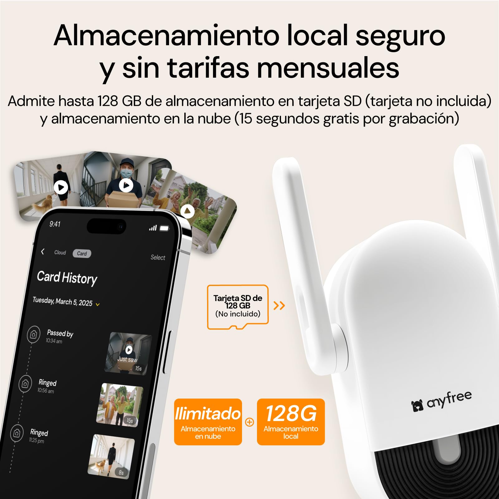 Timbre Inalambrico con Camara Exterior Wifi,Timbre Videoportero Inalámbrico Exterior Impermeable,Detección Humana PIR,Visión Nocturna,Audio Bidireccional,en Tarjeta SD/Nube,Admite Wi-Fi de 2,4/5 GHz