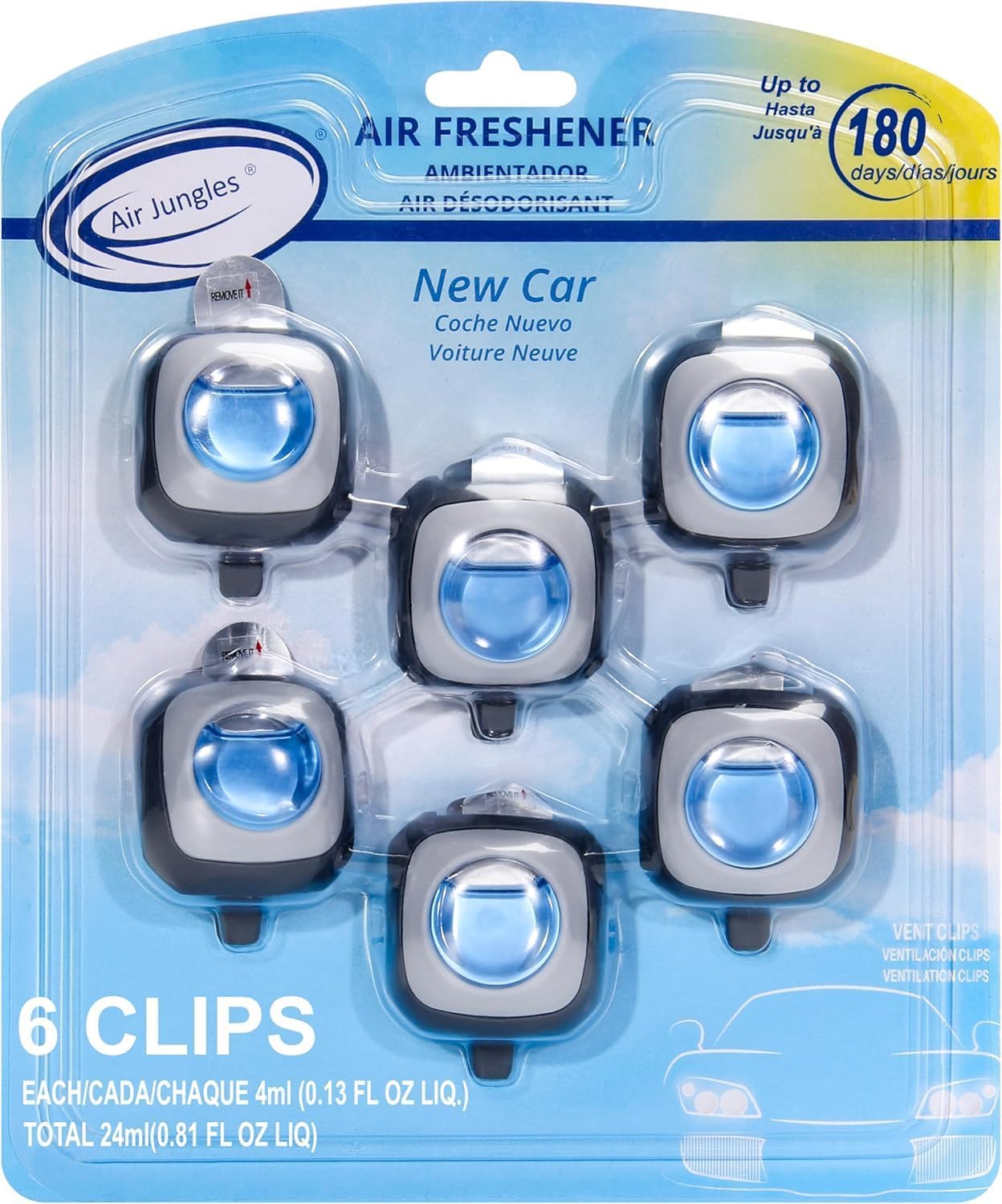 Air Jungles breezy Car Freshener, 6 Car Freshener Vent Clips, 4ml Each, Long-Lasting Car Fragrance, Up to 180 Days, Blue Sky/New Car Scents