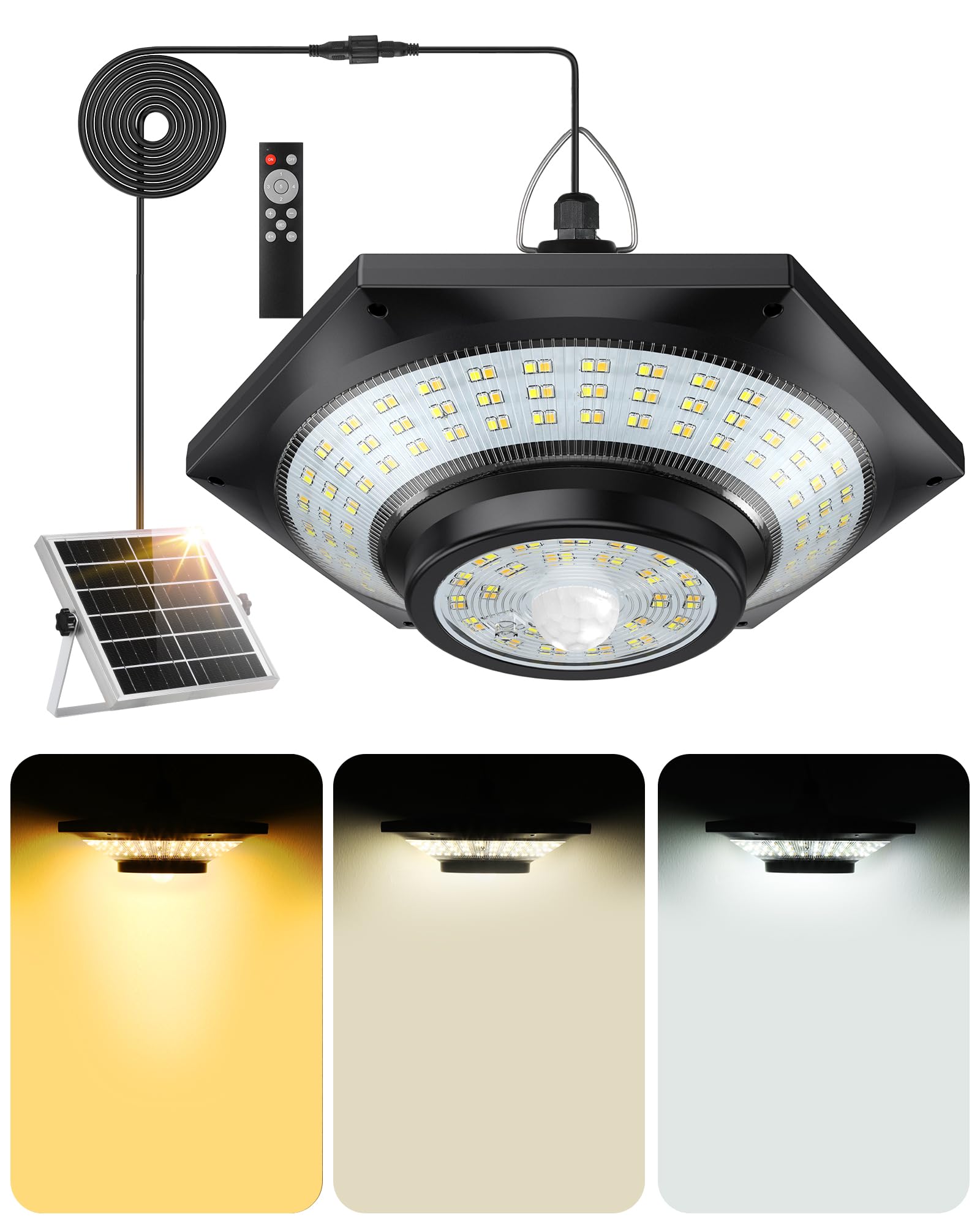 Luz Solar Exterior de 3 Colores, 228pcs LED, 4000LM, Luz Colgante Solar Exterior con 5 Modos,Temporizador y Control Remoto, Luz Solares con Sensor de Movimiento para Garaje, Granero, Pabellón