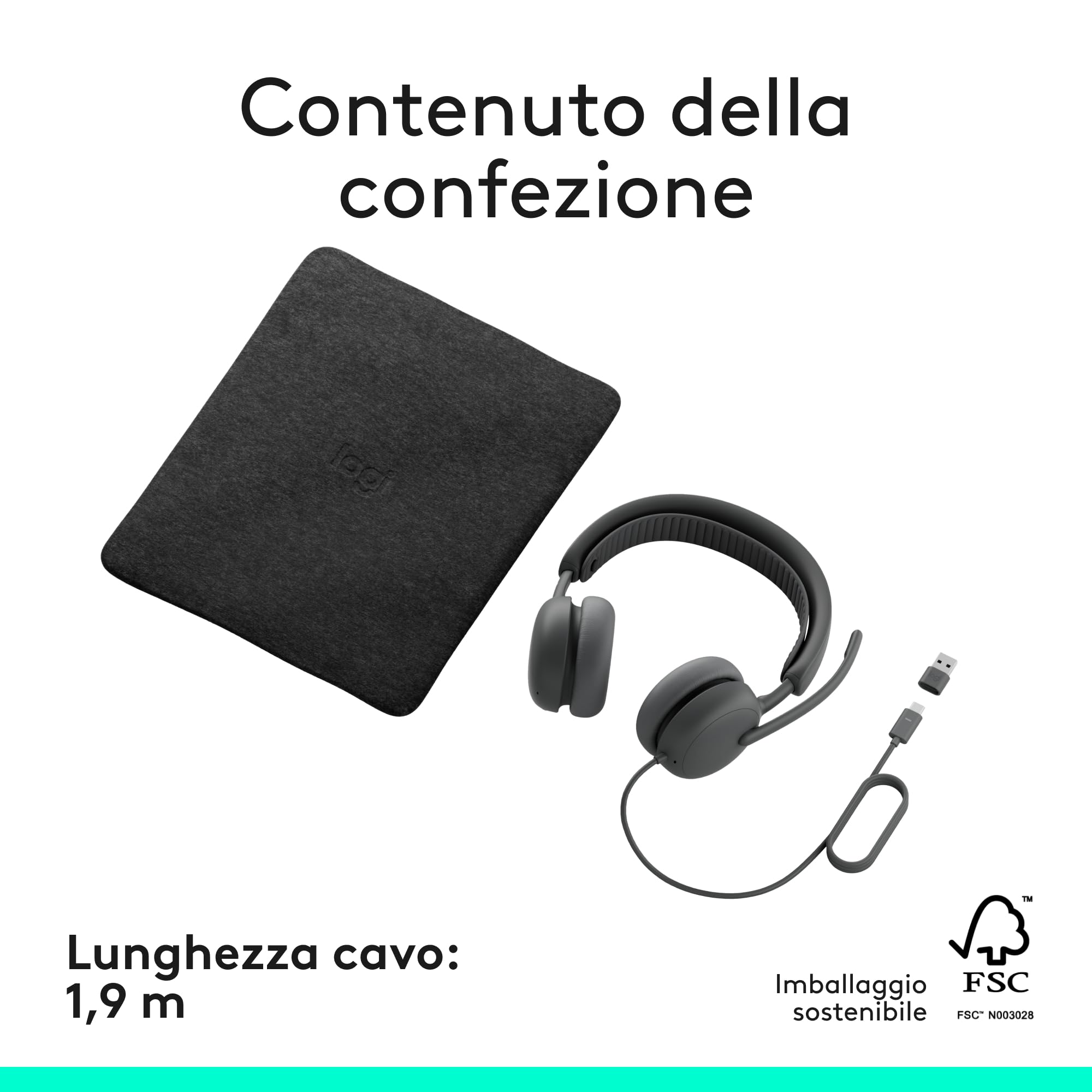 Logitech Zone Wired 2 - Cuffia con microfono con cancellazione del rumore e ANC ibrida adattiva, USB-C con adattatore USB-A - Grafite