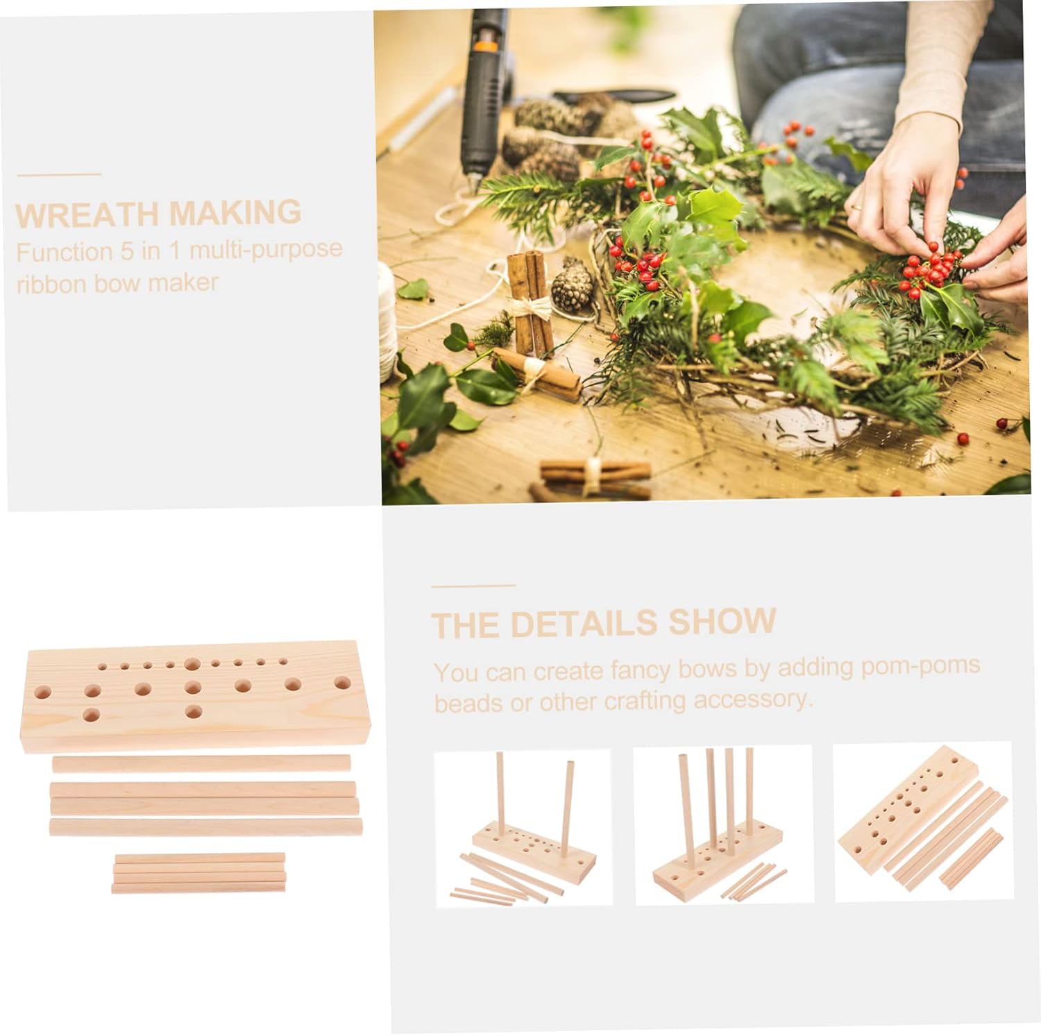 5-in-1 Multi-Purpose Ribbon Bow Maker Tool for DIY Crafts Wooden Bowknot Maker for Wreaths Wrapping and Party Decorations