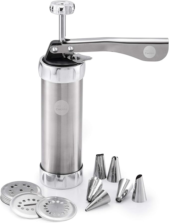 Amazon HELLO CUCINA クッキープレス ステンレススチール ビスケットプレス クッキーガンセット 13パターンディスクと8