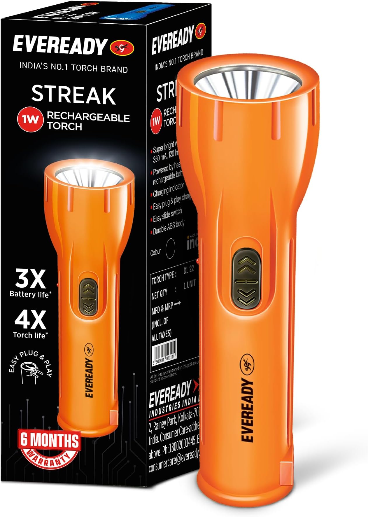 Eveready Streak DL22, Rechargeable 1W Emergency Torch, Easy Plug & Play Charging, Overcharge & Deep Discharge Protection, Powered by Li-Ion Battery