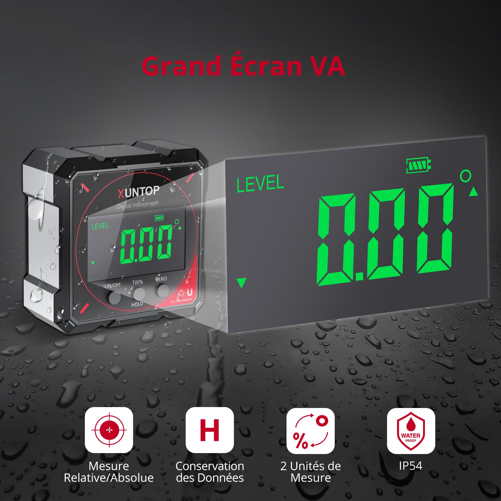 XUNTOP 4 * 90° Inclinomètre Numérique Rechargeable avec Écran LCD IP54 Mesureur d'Angle Digital avec 4 Faces Magnétiques Niveau à Bulle