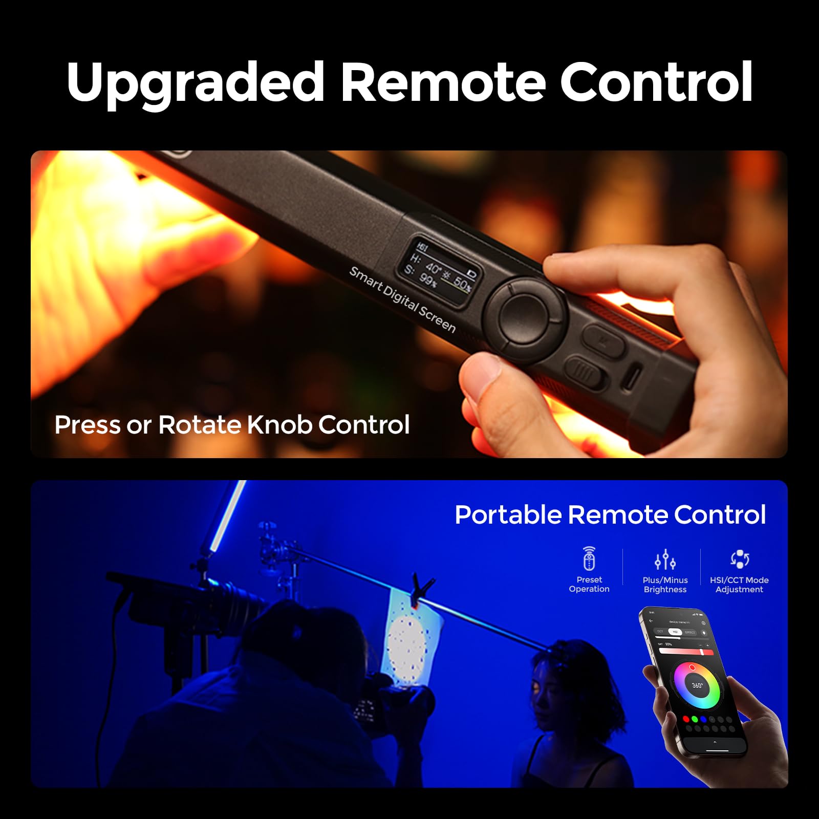 PHOTOOLEX Tubo de Luz Portátil RGB, Luz de Relleno Fotografía CRI96 | CCT 2500K-9900K, Color Completo 360°, Batería 5200mAh, 21 Escenas Lumínicas, Magnético para Vlog, Estudio y Retratos