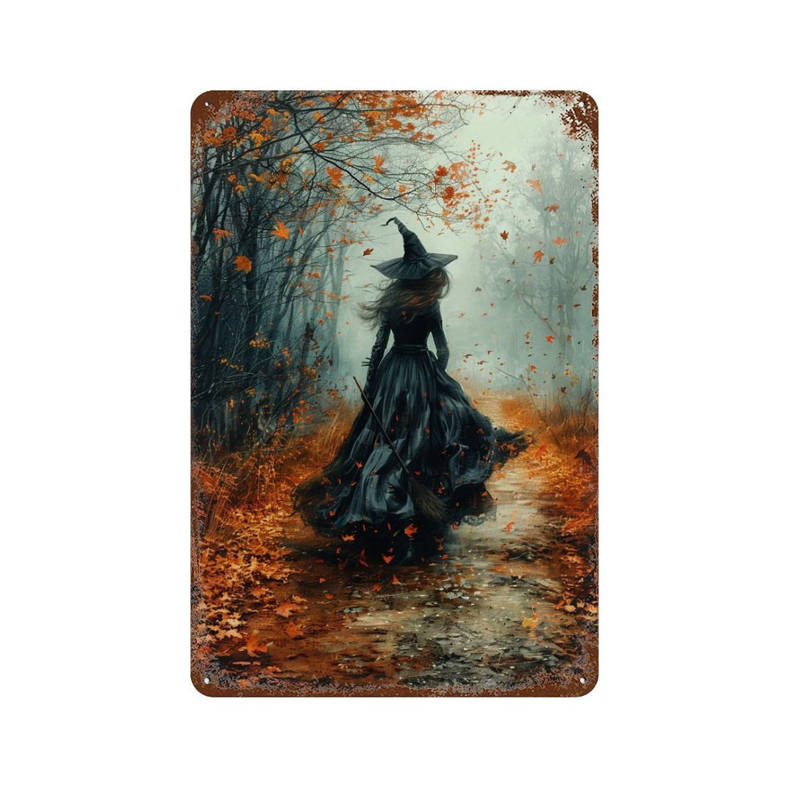 Garage Style Witch in Autumn Forest Aged Metal Wall Plaque 11.8"x7.9", Novelty Wall Decor for Bar And Workshop