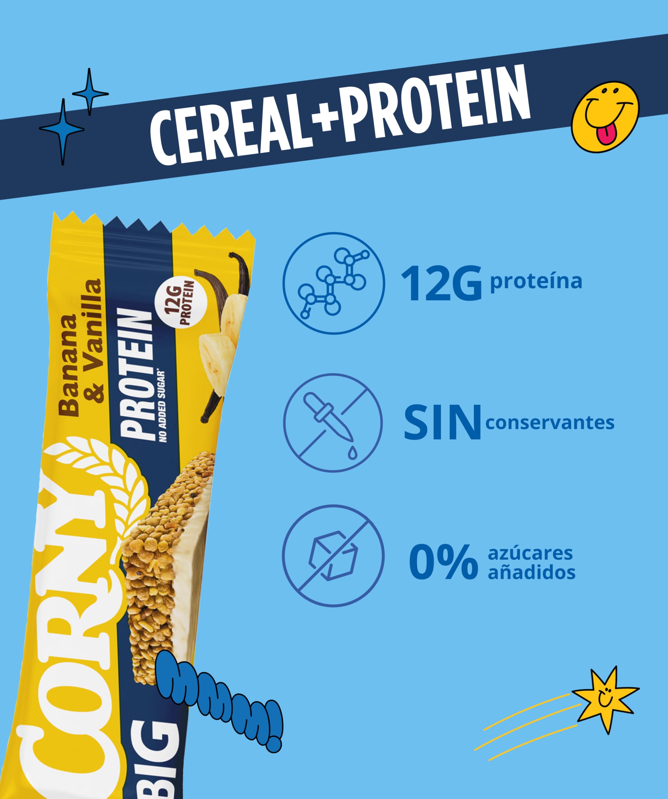 Corny Big Protein Barritas Plátano y Vainilla, 12 g Proteína, 24x50 g | Sin Azúcar Añadido, Formato Extra Grande, Ayuda a la Recuperación Muscular, Snack Fitness para Deporte y Gimnasio