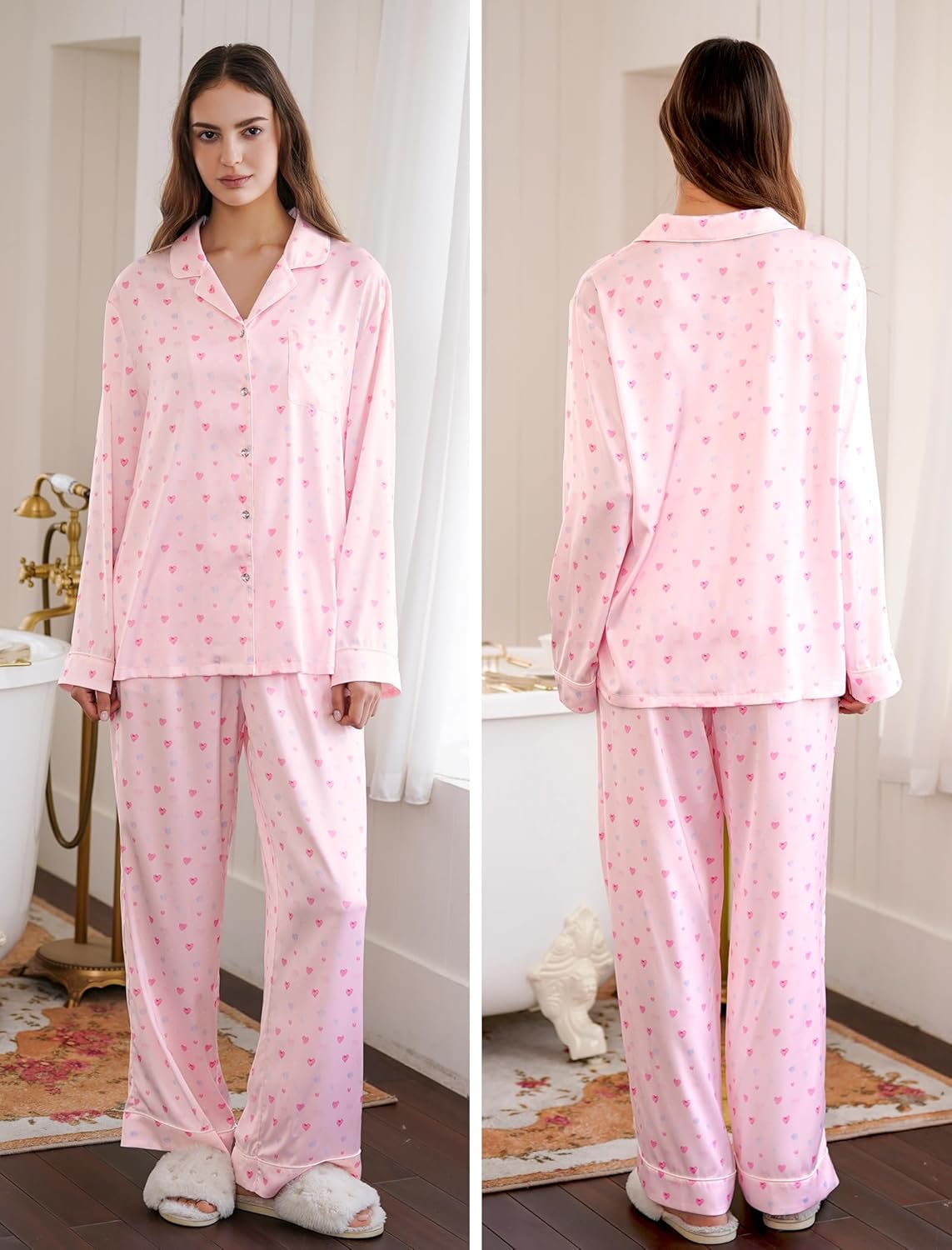 Satin Pajama Set for Women 2 Piece Long Sleeve Button Up Silky PJ Sets Loungewear Soft Satin Sleepwear with Pocket - Image 6