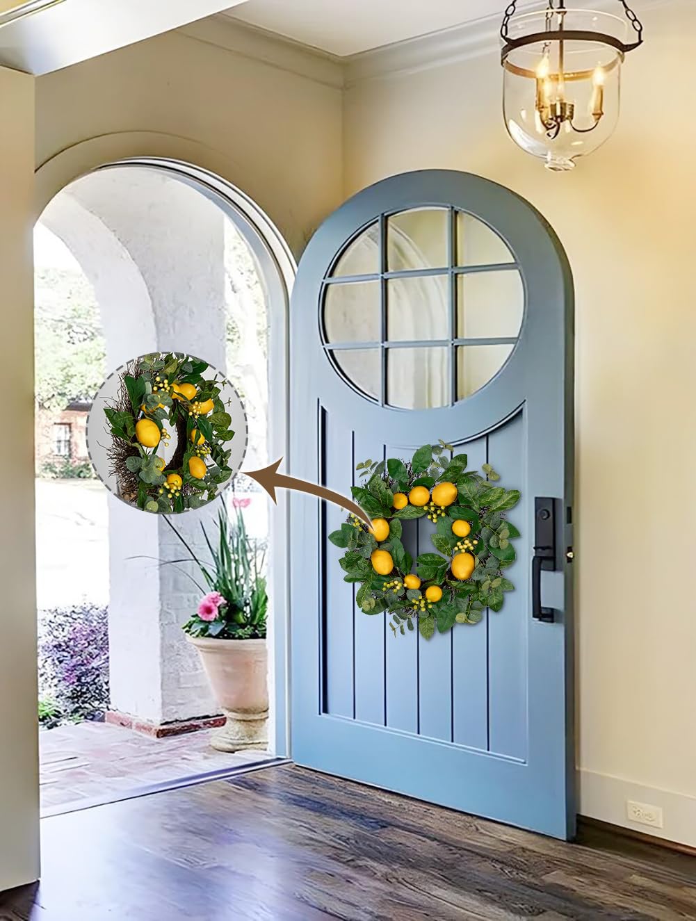 Corona de flores artificiales de 18 pulgadas/46 cm, corona decorativa de limón para puerta de entrada, decoración de pared de casa o decoración de Pascua primavera-verano, hogar, fiestas, puertas,