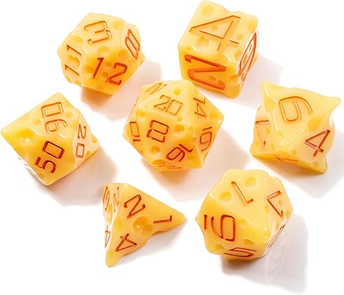Juego de dados de queso D&D (color amarillo claro y naranja nachos) con agujeros suizos DNDTTRPG Juego de 7 piezas de resina poliédrica