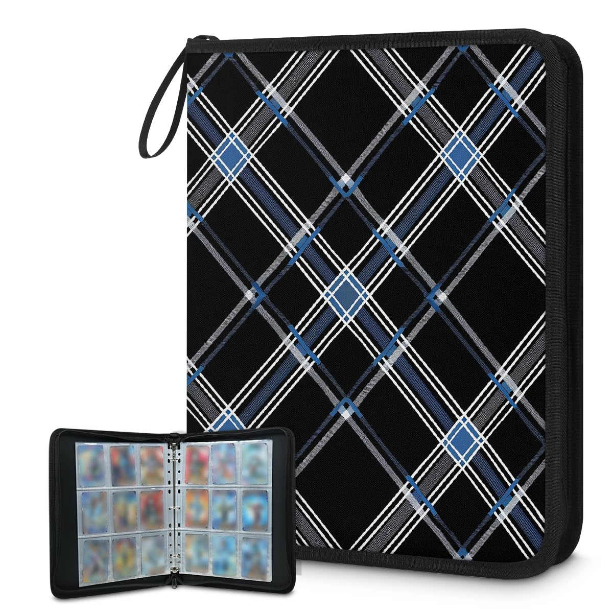 Raccoglitore per carte con 9 tasche, 900 tasche, con chiusura a cerniera (quadrati blu e neri)