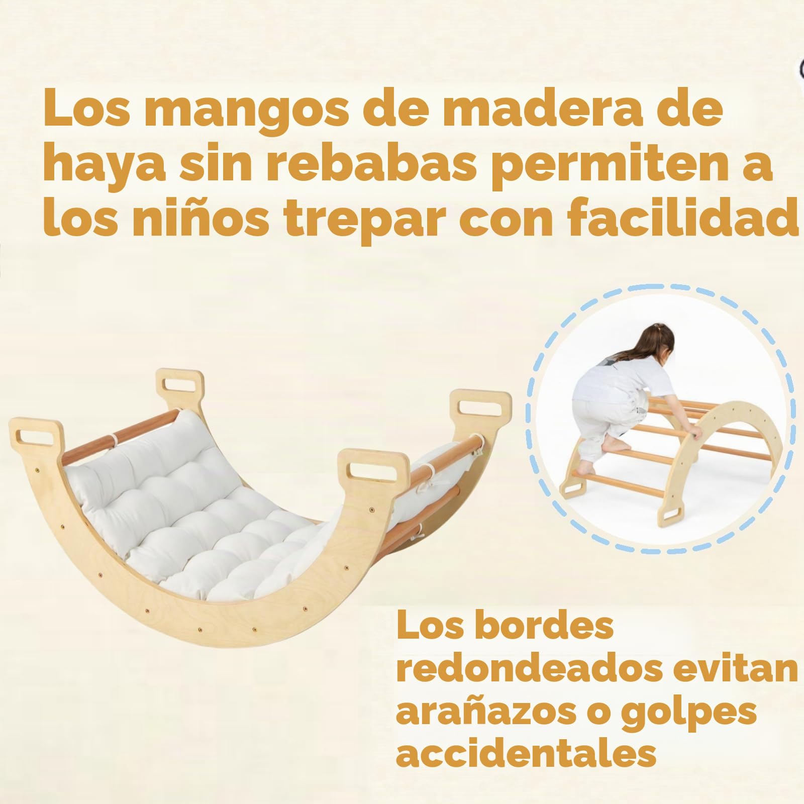LIFEZEAL Arco de Madera para Escalar 3 en 1, Divertido Arco de Pared y Balancín para Niños, Barco Balancín con Suave Cojín de Doble Cara para Niños de 1+ Años (Natural)