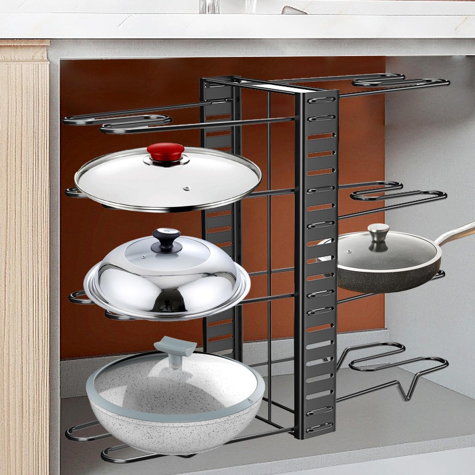 Estante extensible para sartenes, 12 compartimentos ajustables, sin taladro, adhesivo para montaje en pared, soporte para ollas y tapa, solución de almacenamiento de cocina para armarios y armarios