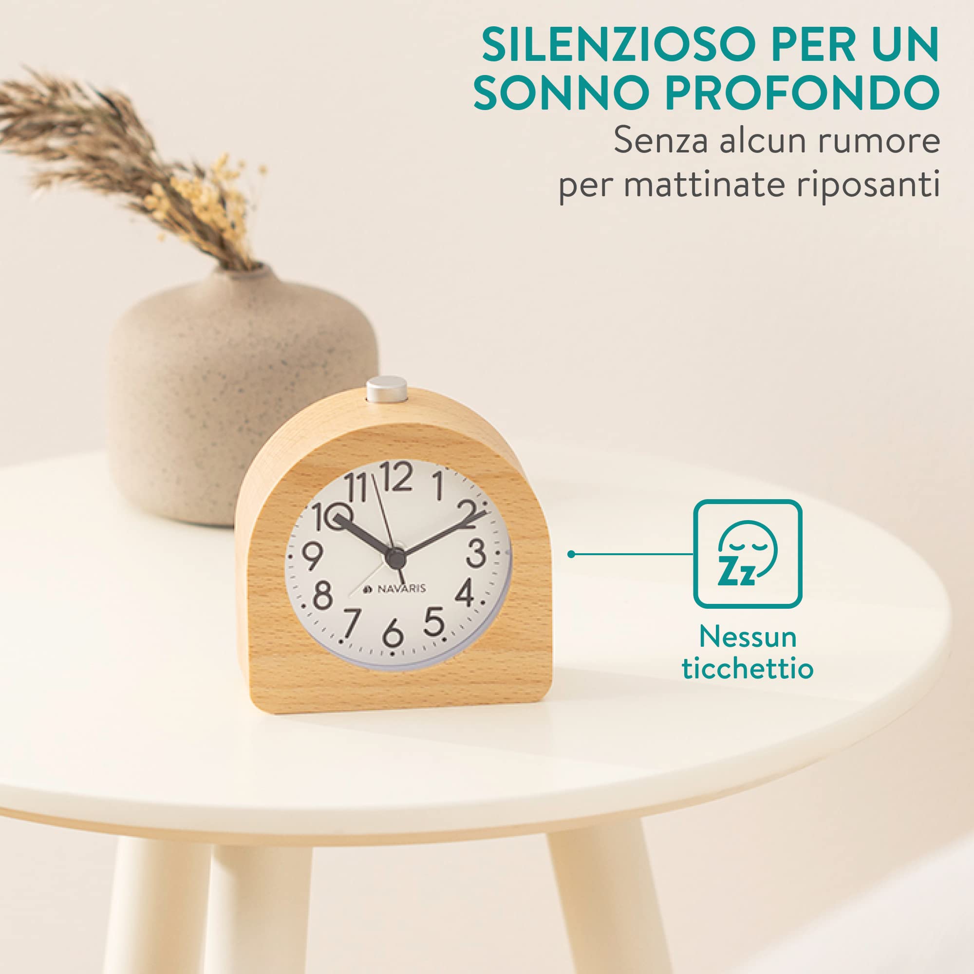 Navaris Orologio Sveglia da Comodino Analogica - Sveglia Analogica Silenziosa in Legno - Orologio da Tavolo Analogico Vintage - Sveglietta Comodino Meccanica con Funzione Snooze - Marrone Chiaro