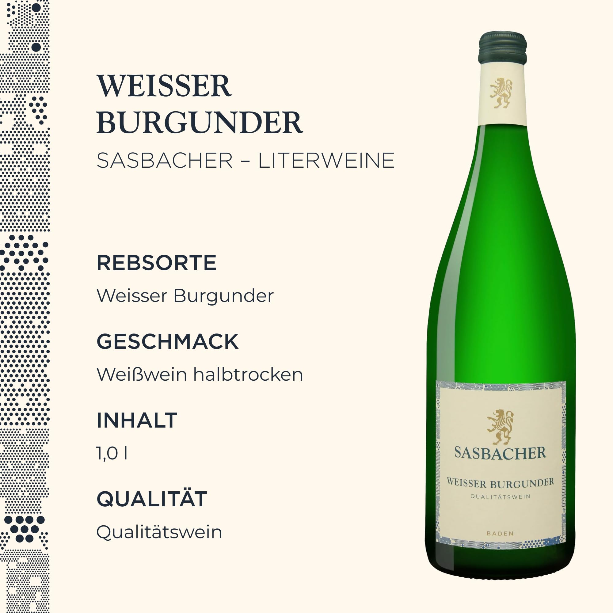 Sasbacher Weißburgunder, Weißwein halbtrocken, vom Kaiserstuhl 6x1,0l | Zitrusaromatik von Grapefruit bis Weinbergpfirsich, lebendig frisch, fruchtig würziger Abgang, dezente Restsüße, Literwein