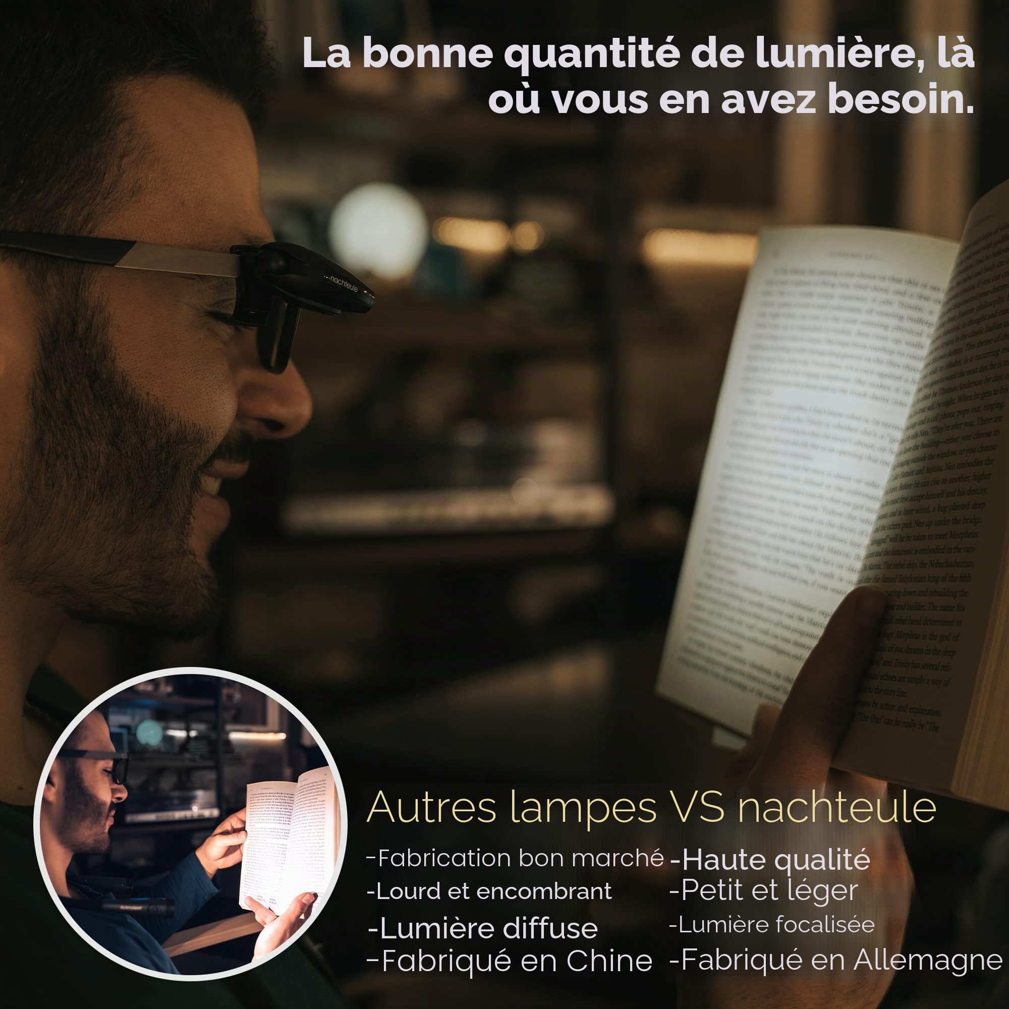 La liseuse "NACHTEULE" - facilement attachable aux lunettes ou les bandeu includé. Nouveau modèle rechargeable. Lampe de lecture. Lire au lit. Lampe á bricoler.