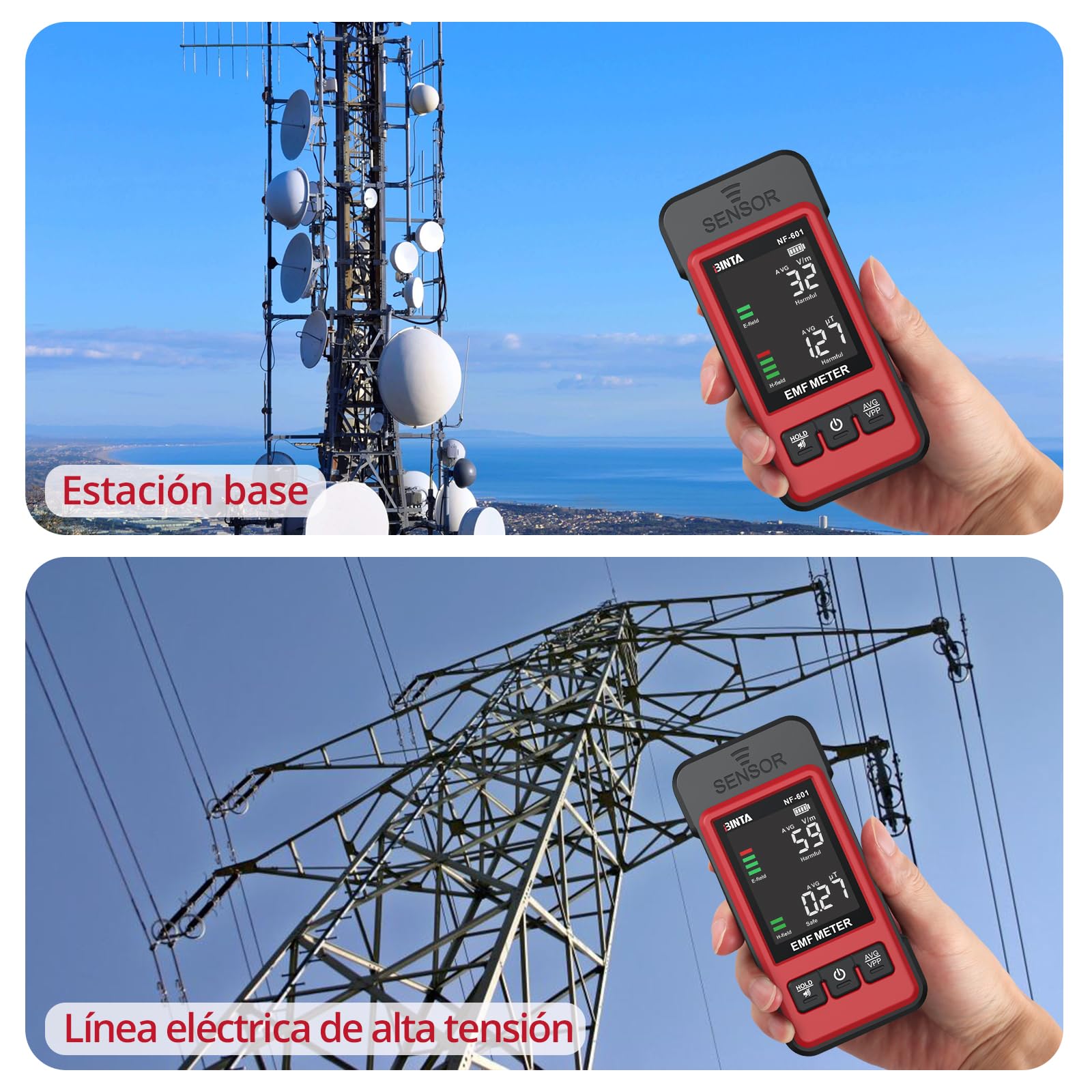 BINTA Medidor EMF, Medidor de Radiación 2 en 1 para Señal EF MF WiFi, Detector EMF para Inspección del Hogar, Oficina, Exteriores y GhostHunting con Registrador de Datos, Alarma