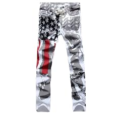 Andongnywell American Flag Print High Stretch Slim Fit Mens Jeans USA Printed Skinny Fit Denim Pants