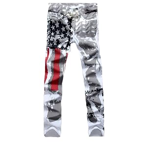 Andongnywell American Flag Print High Stretch Slim Fit Mens Jeans USA Printed Skinny Fit Denim Pants