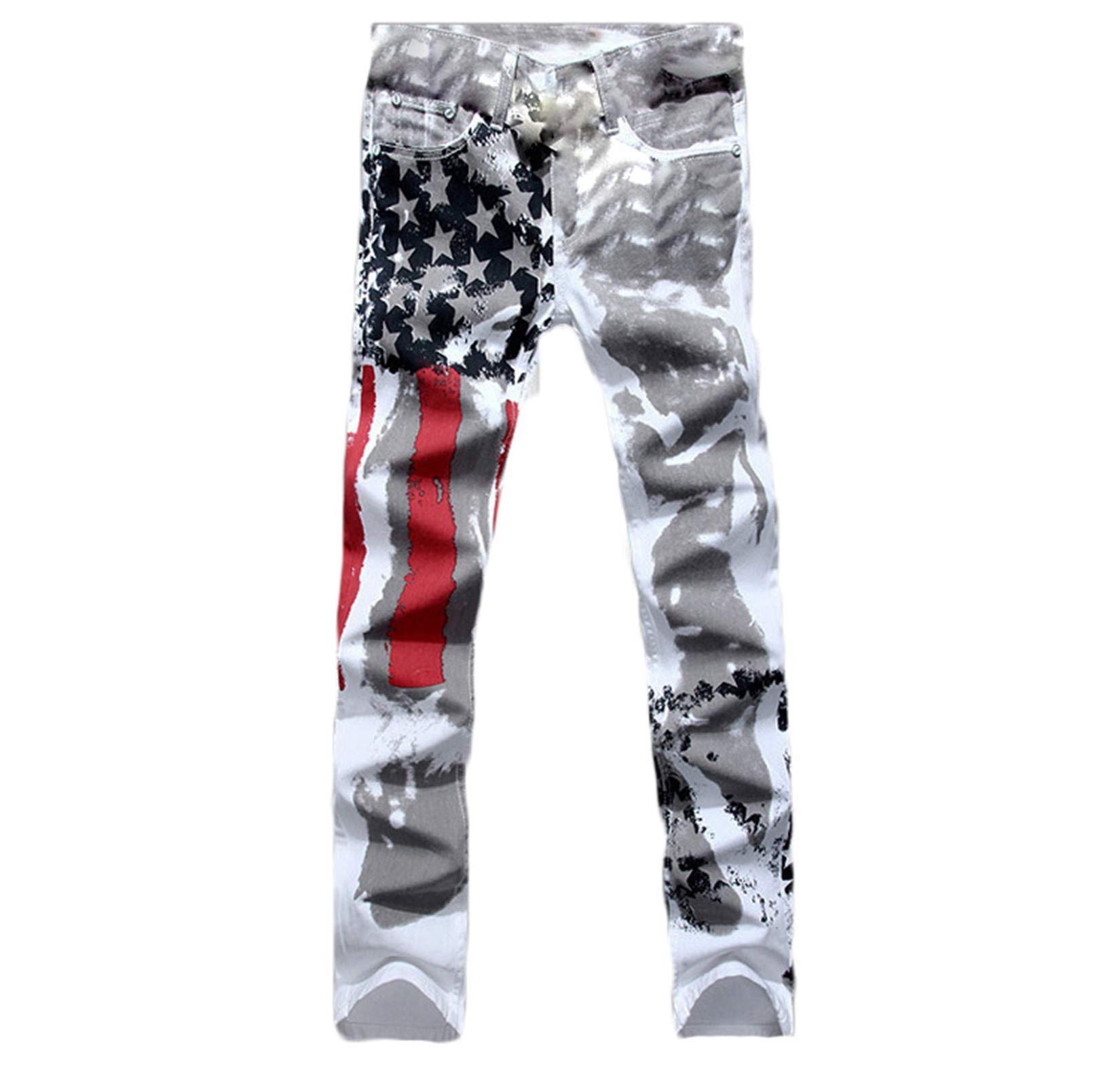Andongnywell American Flag Print High Stretch Slim Fit Mens Jeans USA Printed Skinny Fit Denim Pants