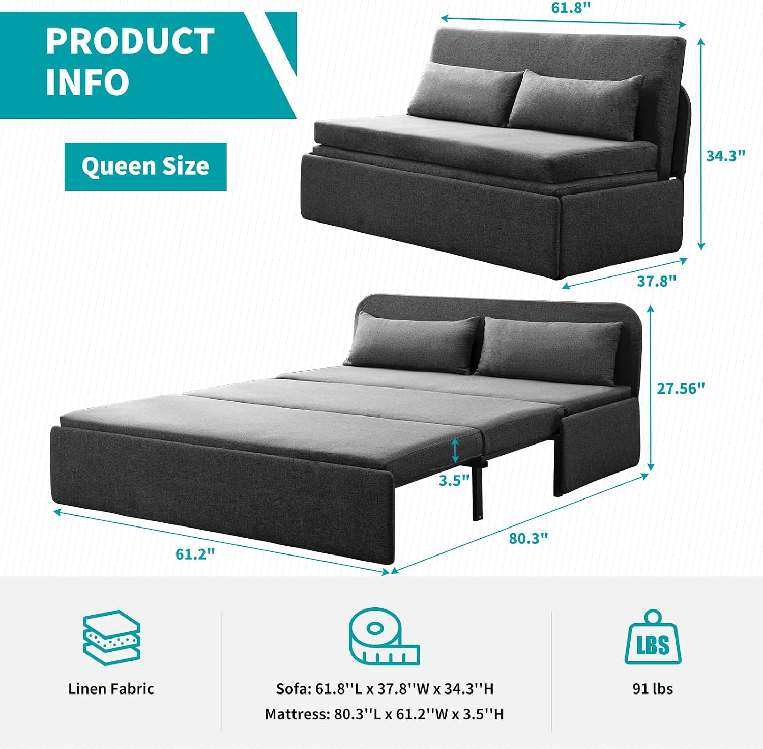 BALUS 61" Queen Sofa Bed Convertible Sleeper Tri-fold Mattress Dark Gray