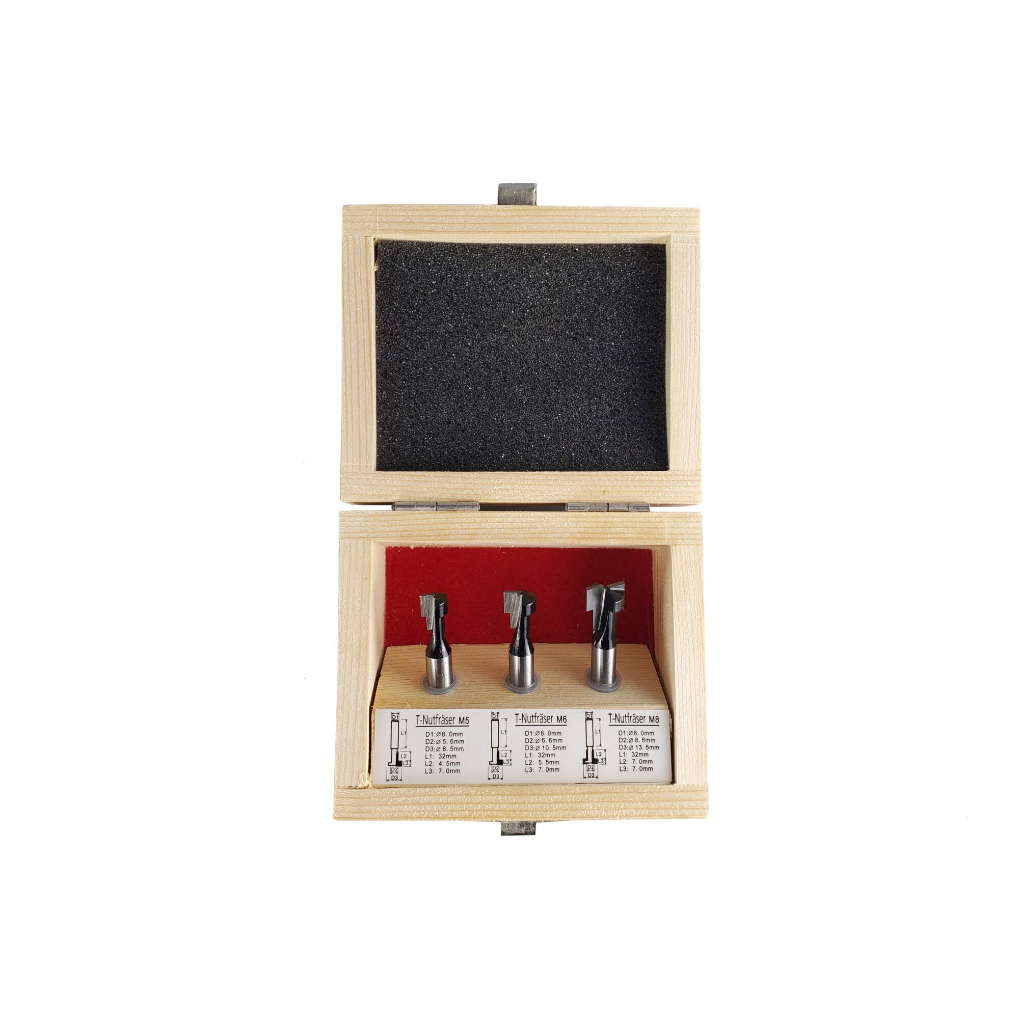 STIER Set di frese per scanalature a T, 3 pezzi M5 M6 e M8, gambo 8 mm, per fresatrici, frese per scanalature a T, fresa scanalatura T