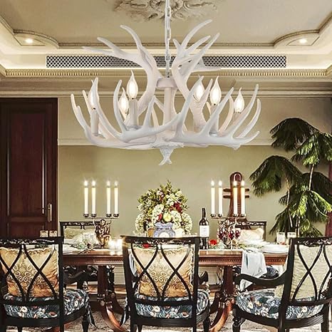 Phtlampes Kroonluchter landelijke stijl hert hout hanglamp industriële stijl retro witte hars ijzer hanglamp 6 * E14 hoogte verstelbaar opknoping lamp eetkamer keuken cafe bar plafondverlichting photo 3