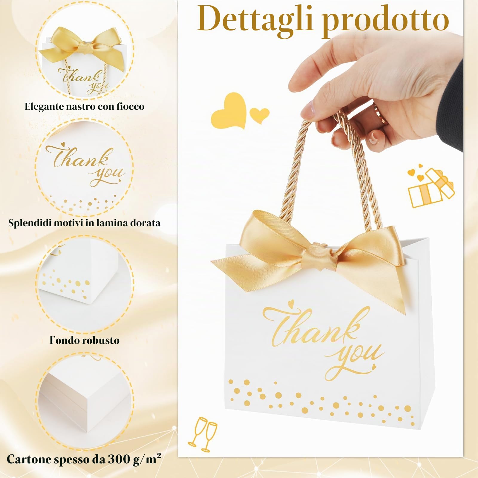 100PZ Piccoli Sacchetti Regalo di Ringraziamento con Manici-14x6x12cm | Bianco Sacchetti Regalo di Ringraziamento, Sacchetto Regalo Con Fiocco Oro per Matrimonio Compleanno Doccia Nuziale Lauree