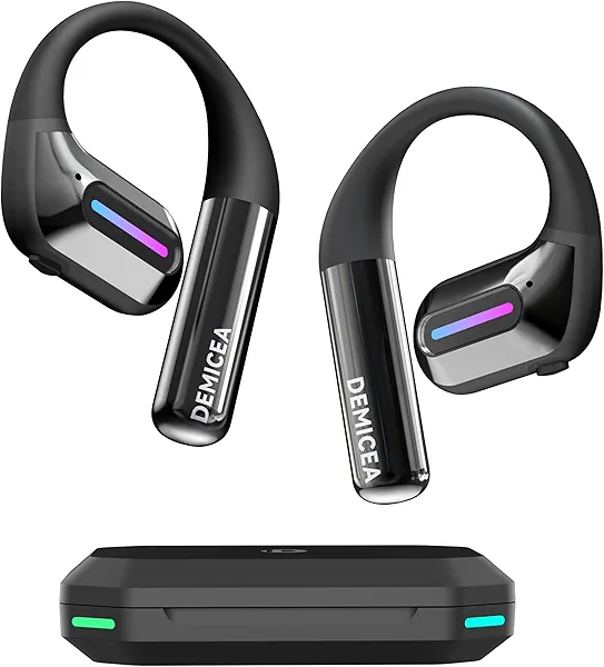 DEMICEA True Bone Conduction Headphones, Perfect for Night Running and Cycling, Aurora Mode(RGB Light) Open-Ear Headphones, Up to 30H Playtime with Charging Case, IP54 Water-Resistant, AAC/SBC