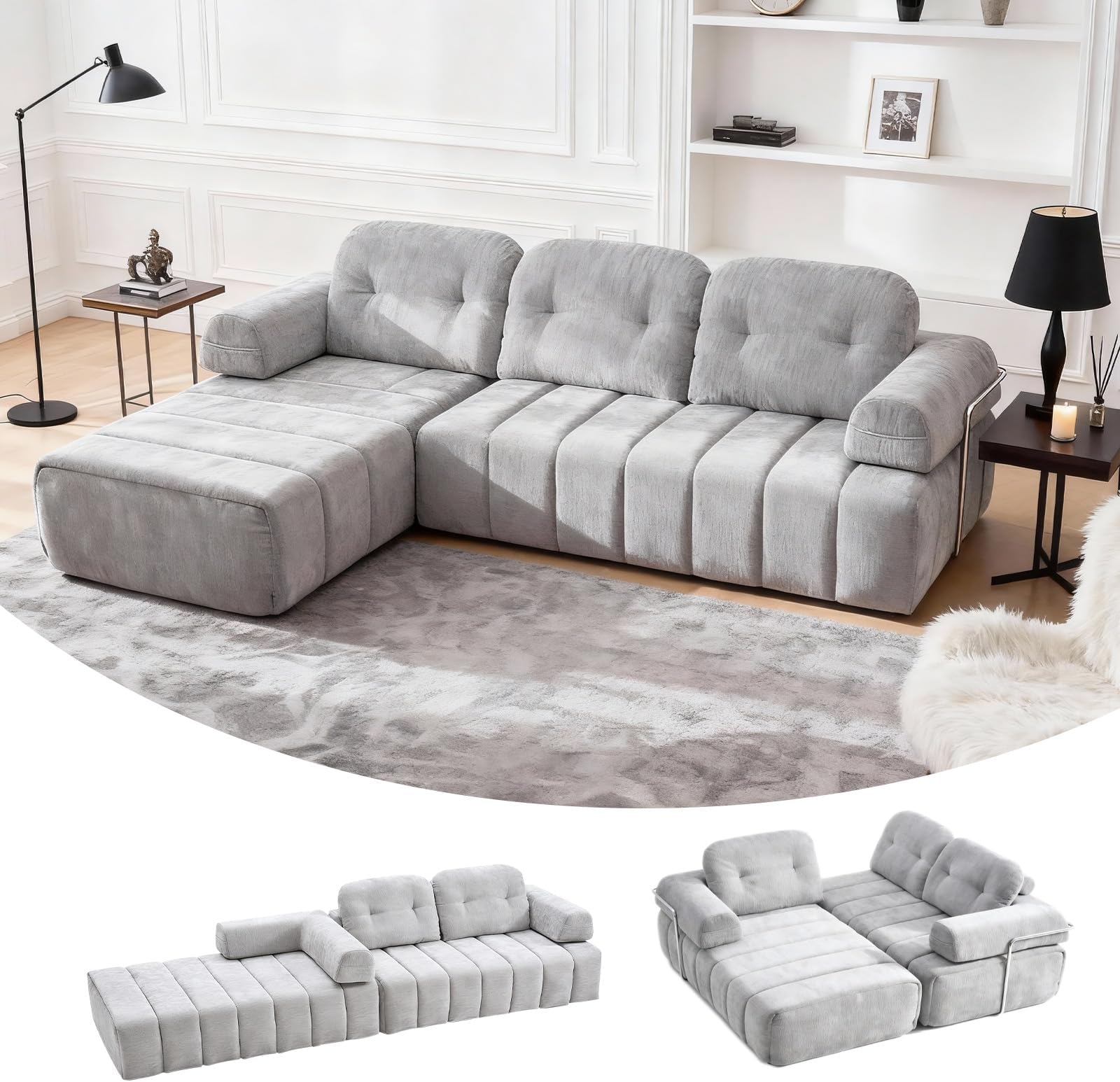 - Modular Sectional Sofa with Chaise, 104.33" L-Shape Boneless Couch with Pillows and Side Pockets, 3-Seater Sectional Couches for Living Room, Bedroom, Chenille Fabric, Grey