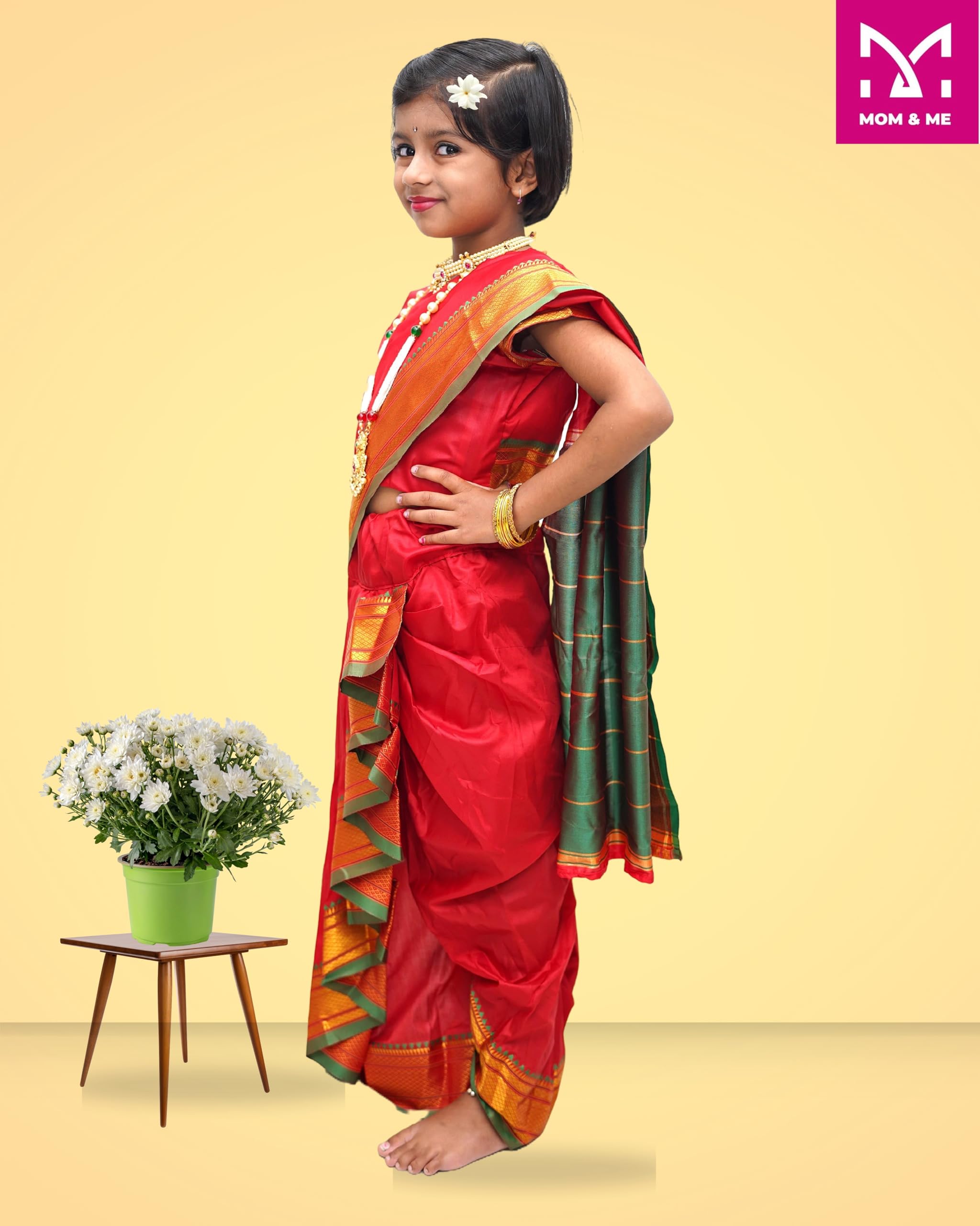 Mom and Me Nauvari Saree for Girls/Baby Girl, Ready to Wear, Marathi Maharashtrian Traditional Saree, Festival Outfit for Puja, Ganpati Festival, School Programs stitch Blouse (Red, 9-10 Years) - Image 3 thumbnail