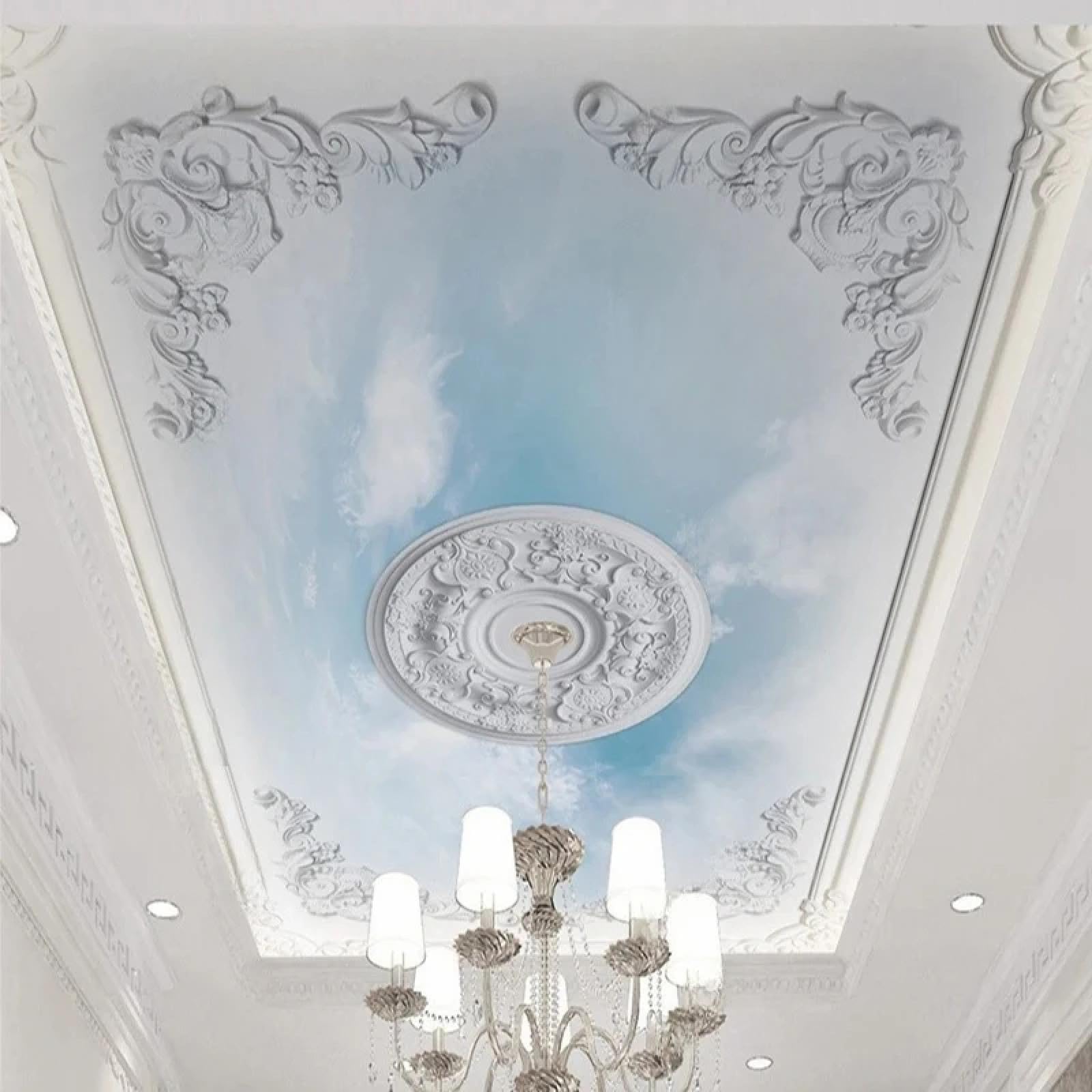 Papier peint mural 3D pour plafond nuage et moulures en plâtre de salon