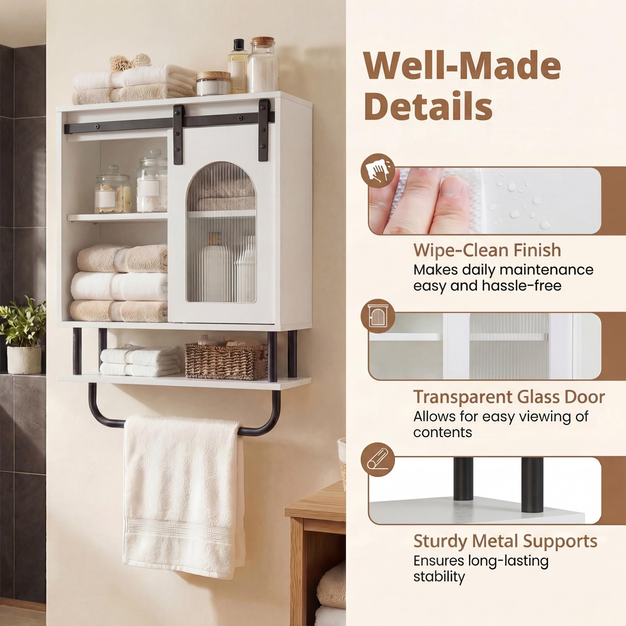 LIFEZEAL Armoire Murale de Salle de Bain, Armoire avec Porte-Serviettes et Compartiment Ouvert, Meuble Suspendu pour Salle de Bain, Cuisine, Salon, 50 x 20 x 70 cm (Blanc3)