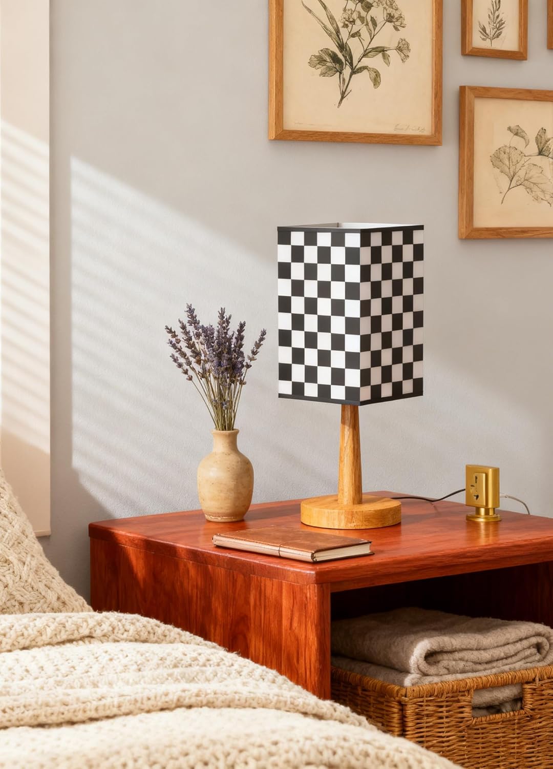 Bedside Table Lamp: 12W LED Bulb, Chess Board Fabric Shade (Black-White Racing Flag) | 3 Color Modes | Fits Bedroom, Nightstand, Office, Living Room, Guest Room