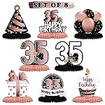 LINGTEER Happy 35th Birthday Rose Gold Table Honeycomb Centerpieces Cheers to 35th Birthday 35 Years Old Party Table Decorations Gift Sign.