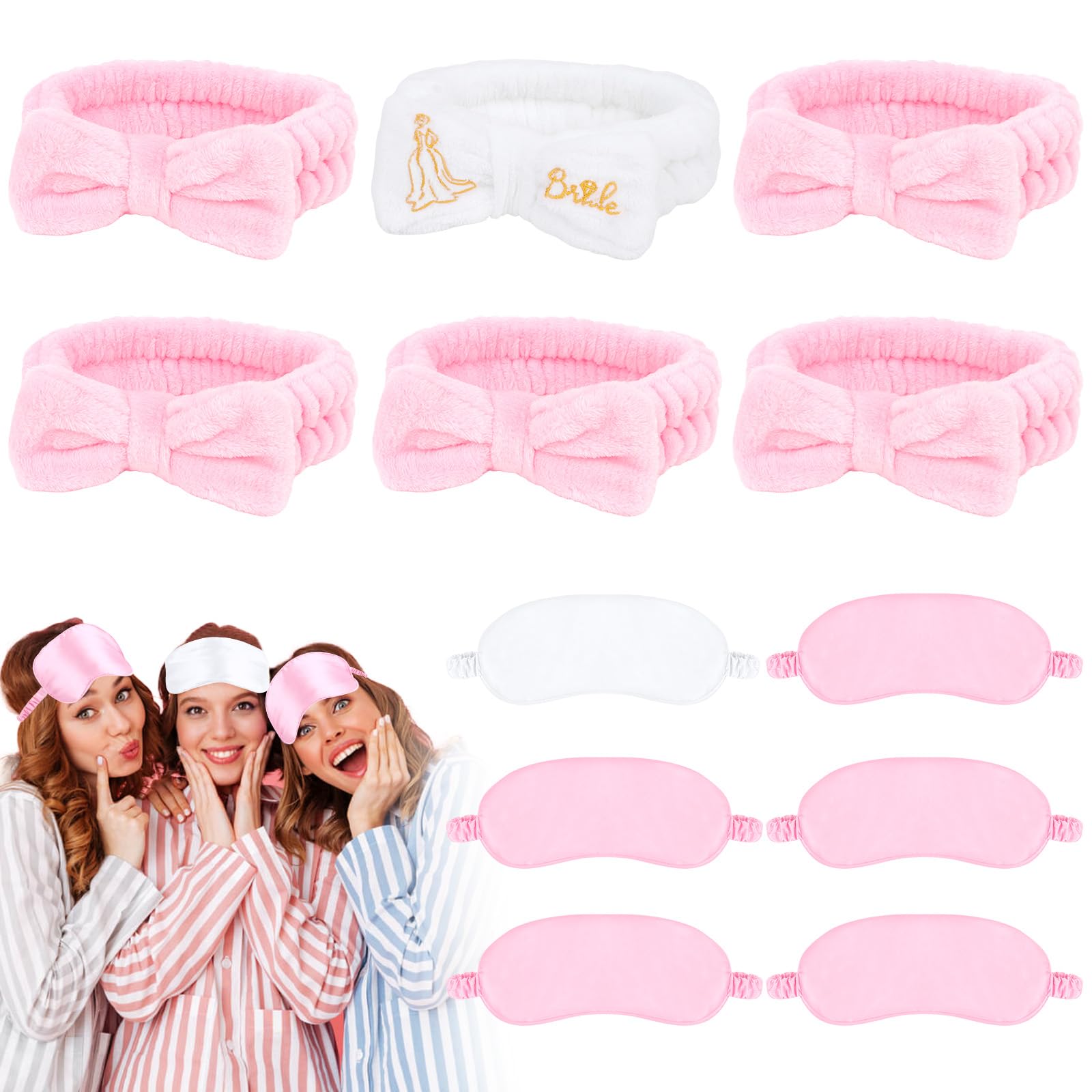 BAHABY Bachelorette Party Favors 12Pcs Spa Headband & Sleep Eye Mask Sleepover Party Supplies for Girls Women Bridal Shower Bachelorette Party Accessories (White & Pink)