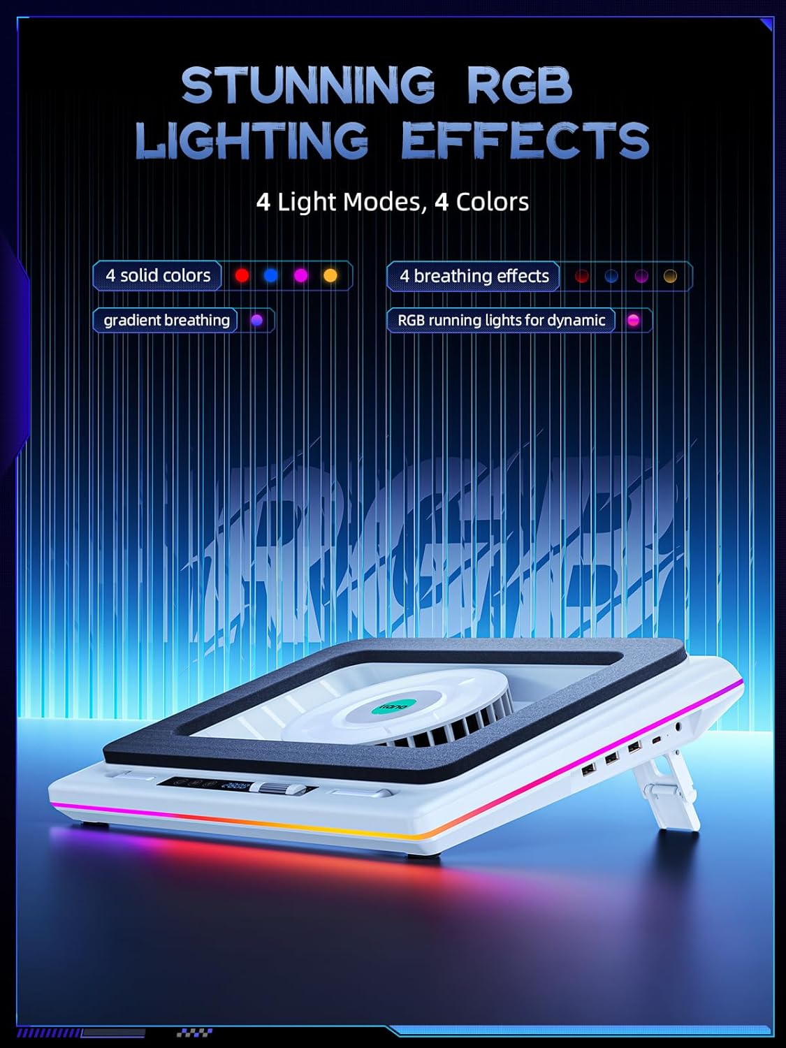 llano RGB Laptop Cooling Pad, White, Powerful Turbofan, Quiet Cooling, Touch Control, LCD Screen, Seal Foam, 15-19in Laptops