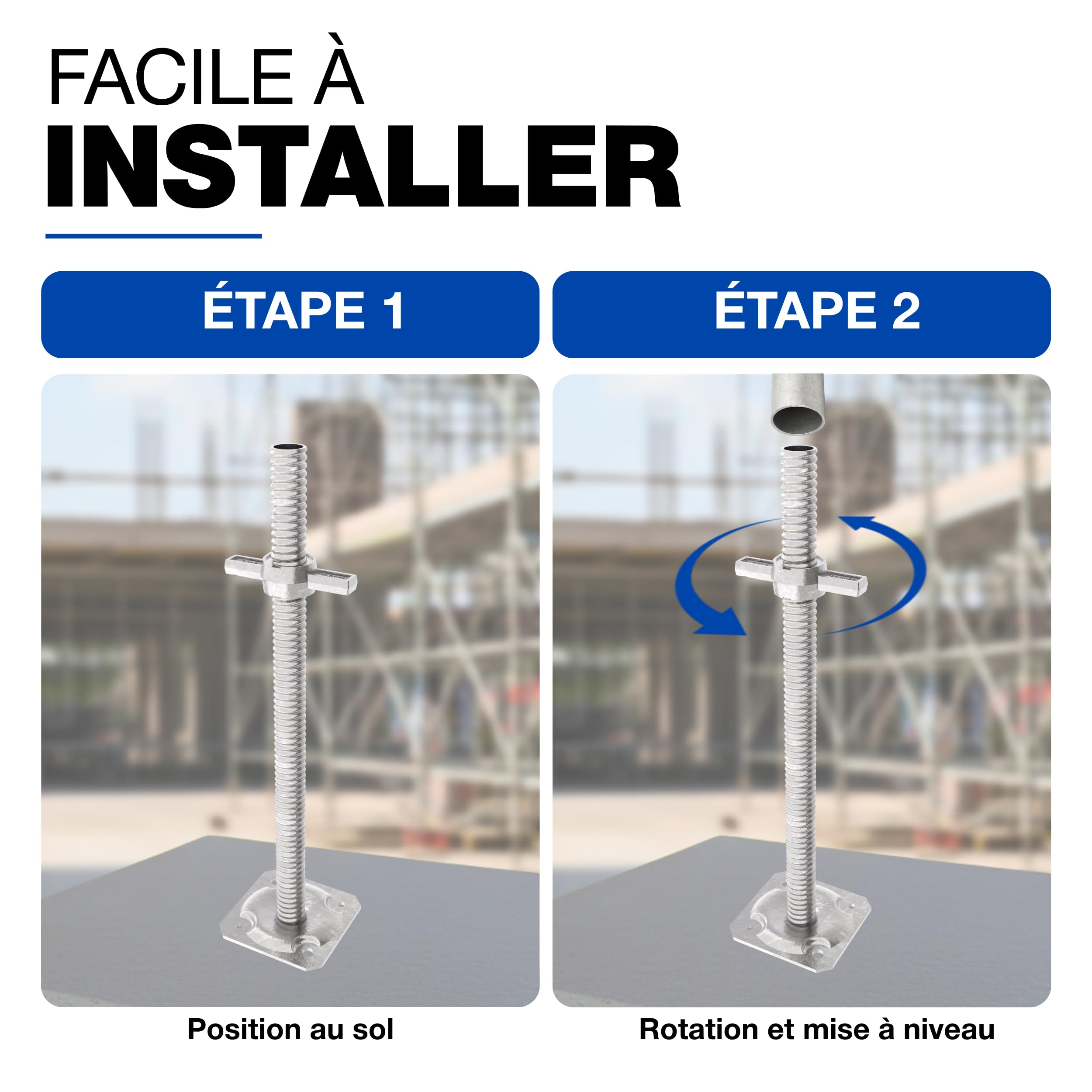 GeZu Impex Pied d'échafaudage avec Tige Filetée Galvanoplastie Lot de 4 500 x 38 mm plaques de pieds réglables
