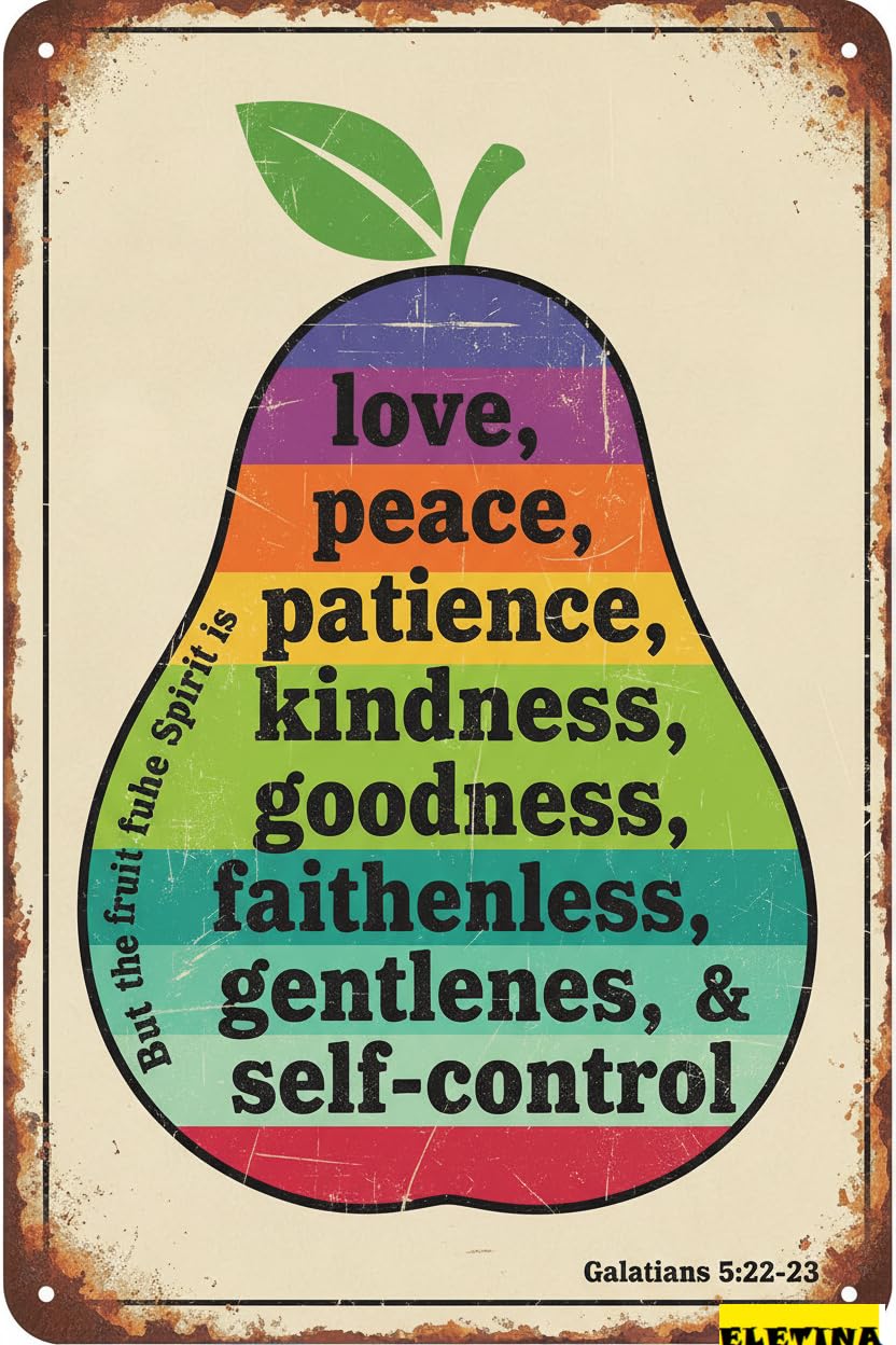 Vintage Metal Tin Sign Retro Fruit Of The Spiritwall Art With Peace, Kindness & Biblical Quotes - Rustic Home Decor Kitchen, Church Or Sunday School" 8x12 Inch