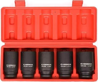 CASOMAN 1/2-Inch Drive Deep Spindle Axle Nut Impact Socket Set, 1/2" Drive Deep Impact Socket Set, Inch, Cr-Mo, 6-Point, 1-3/16-Inch - 1-1/2-Inch, 5 Piece Axle Socket Set