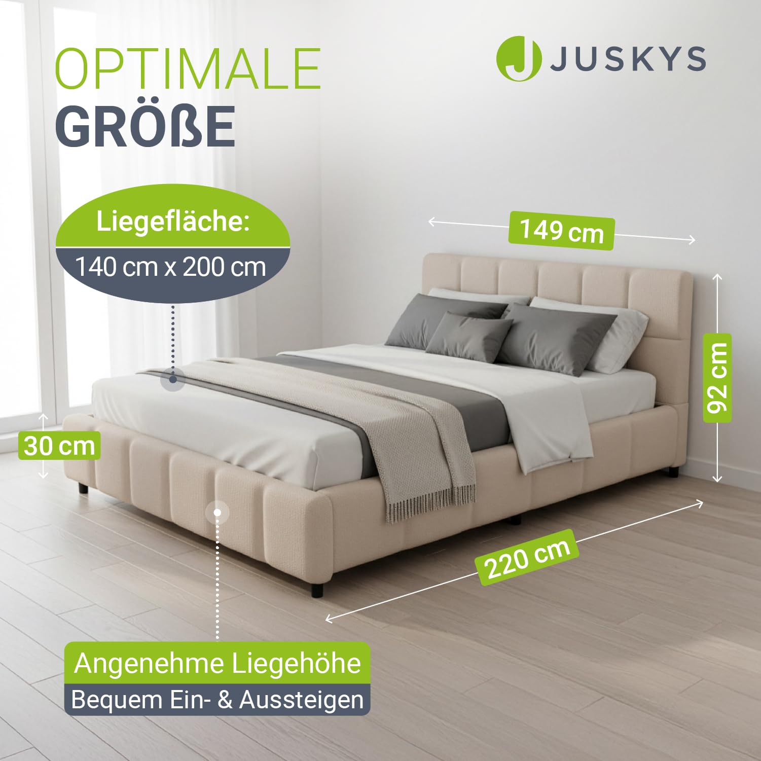 Juskys Polsterbett Florenz 140 x 200 cm mit Matratze – Bouclé, modernes Bett mit Kopf- & Fußteil, stabilem Holz- & Metallrahmen, Lattenrost, 500 kg Tragkraft – Beige