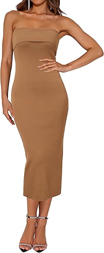 Arach&Cloz Womens Summer Silk Bodycon Midi Wedding Guest Tube Strapless Dress Go
