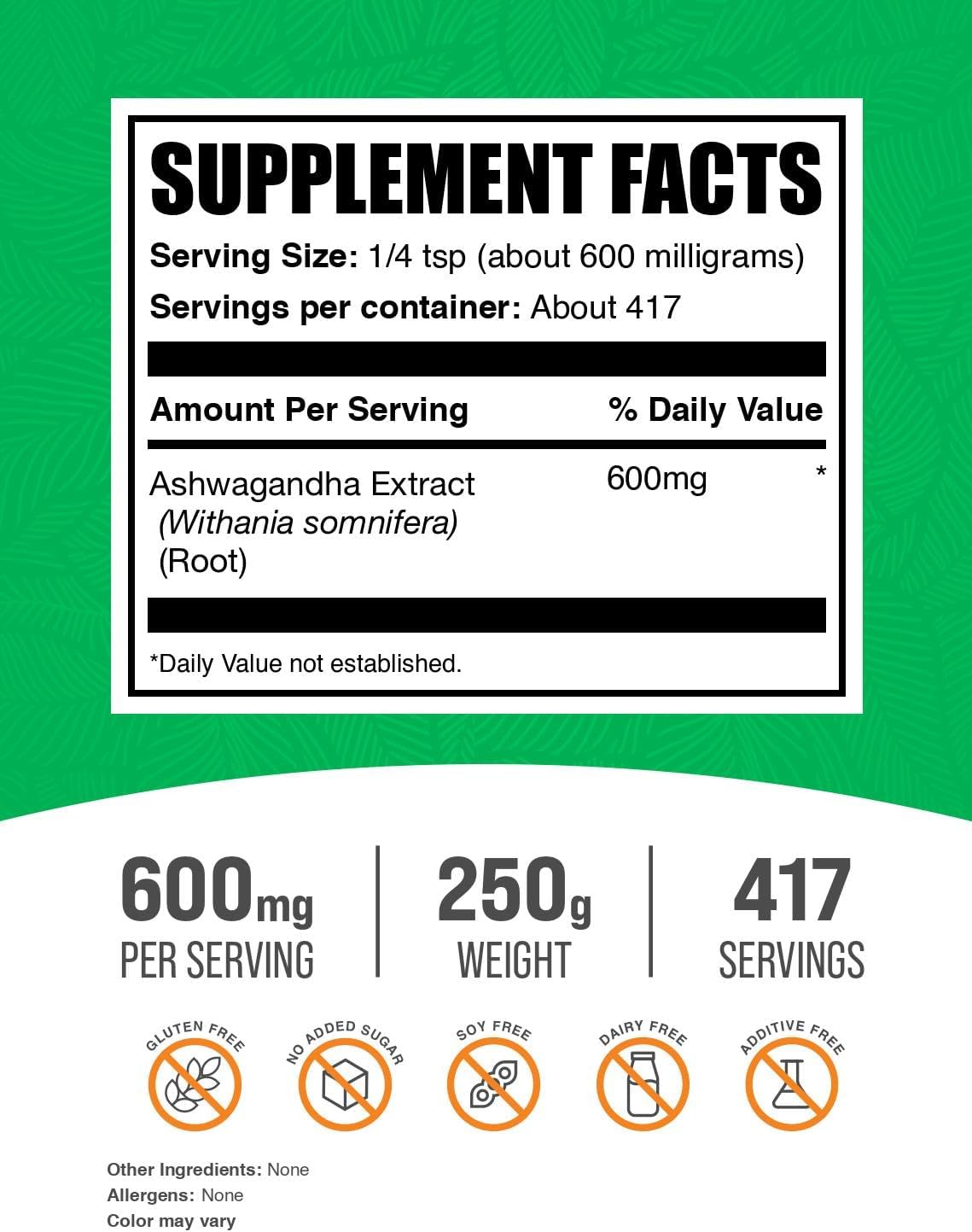 BulkSupplements.com Ashwagandha Root Extract Powder - Ashwagandha Supplement, Herbal Supplement - Vegan & Gluten Free, 600mg per Serving, 250g (8.8 oz) (Pack of 1)