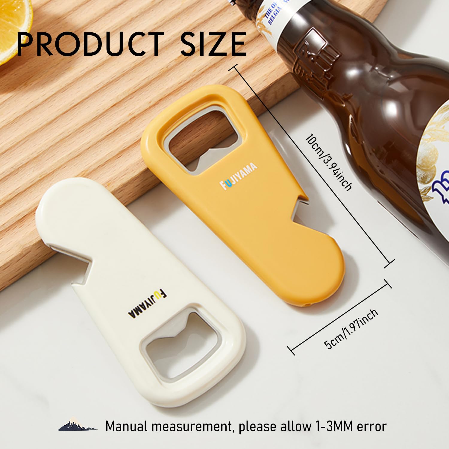 Abrebotellas Magnético 3 en 1 de Acero Inoxidable, Destapador Personalizado Forma Monte Fuji para Nevera - Amarillo
