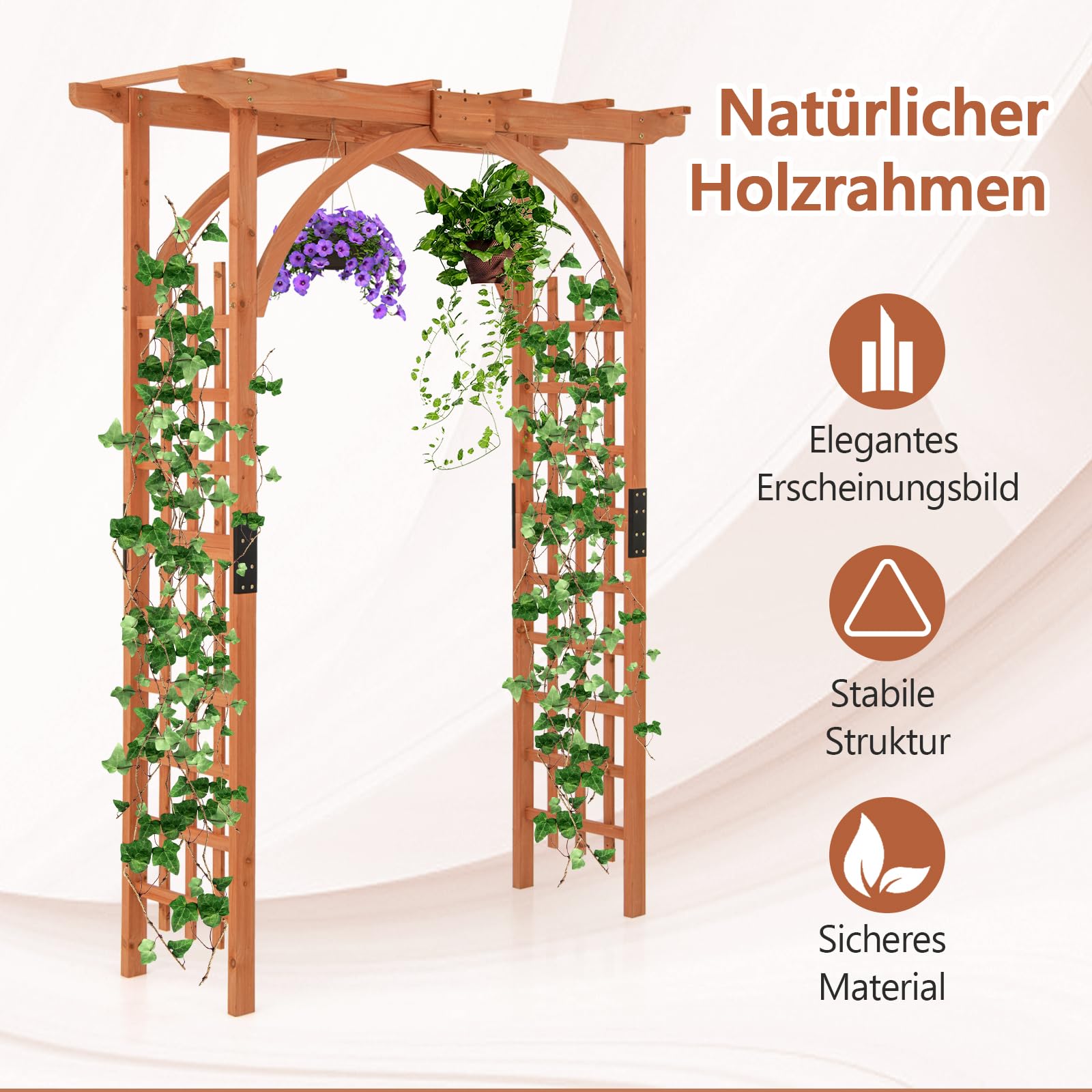 RELAX4LIFE Rosenbogen Holz, Gartenbogen für Kletterpflanzen & Rosen, Torbogen mit Dach, Rankhilfe Rankgitter Rankbogen aus Tannenholz, Rosengitter für Garten & Hochzeit, 160 x 60 x 213 cm, Orange